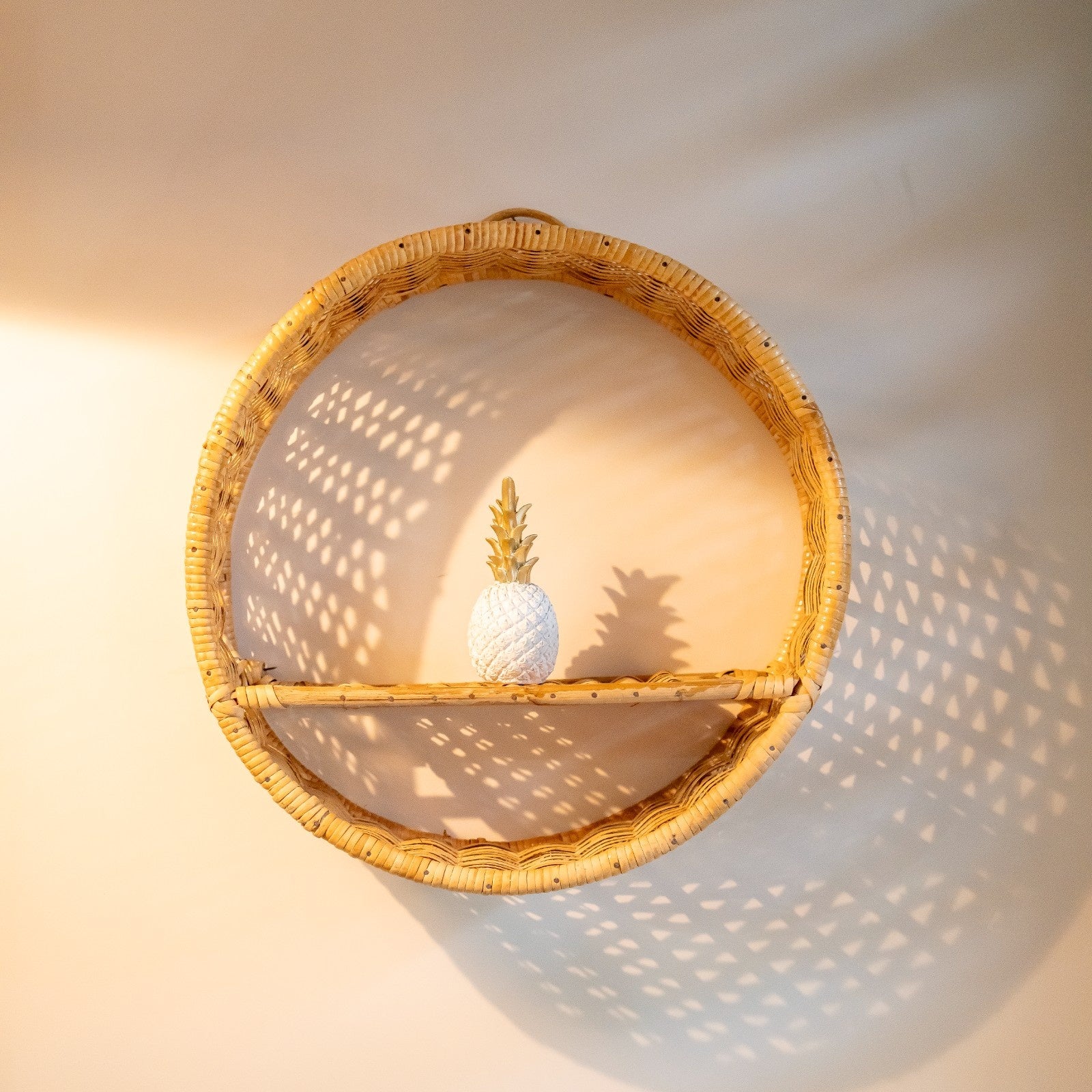 Handcrafted Round Rattan Wall Hanging Shelf with Wooden Divider