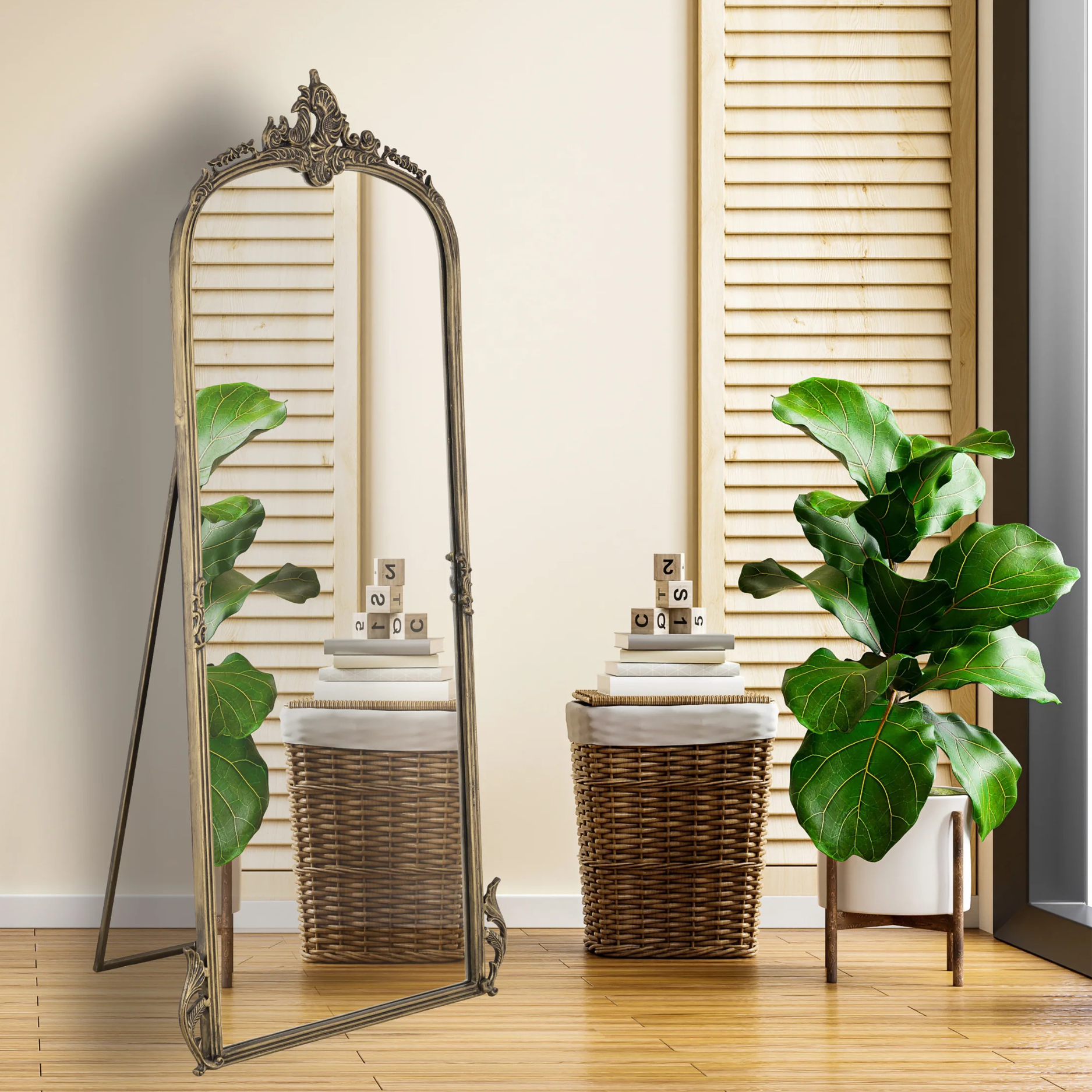 Vintage-Inspired Full-Length Standing Mirror with Ornate Arched Frame for Bedroom & Dressing Area