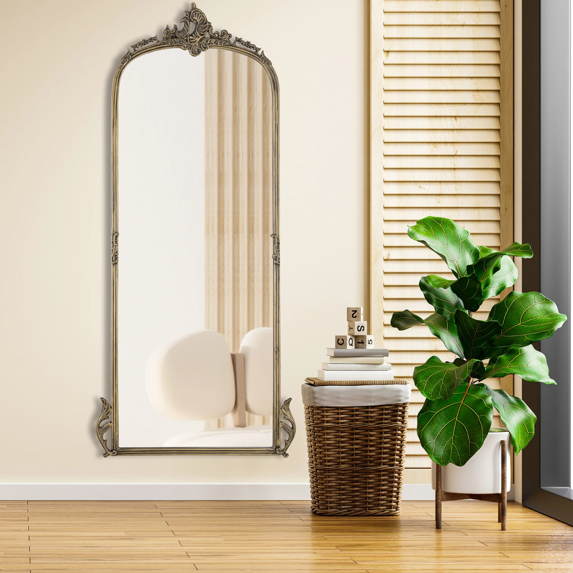 Vintage-Inspired Full-Length Standing Mirror with Ornate Arched Frame for Bedroom & Dressing Area