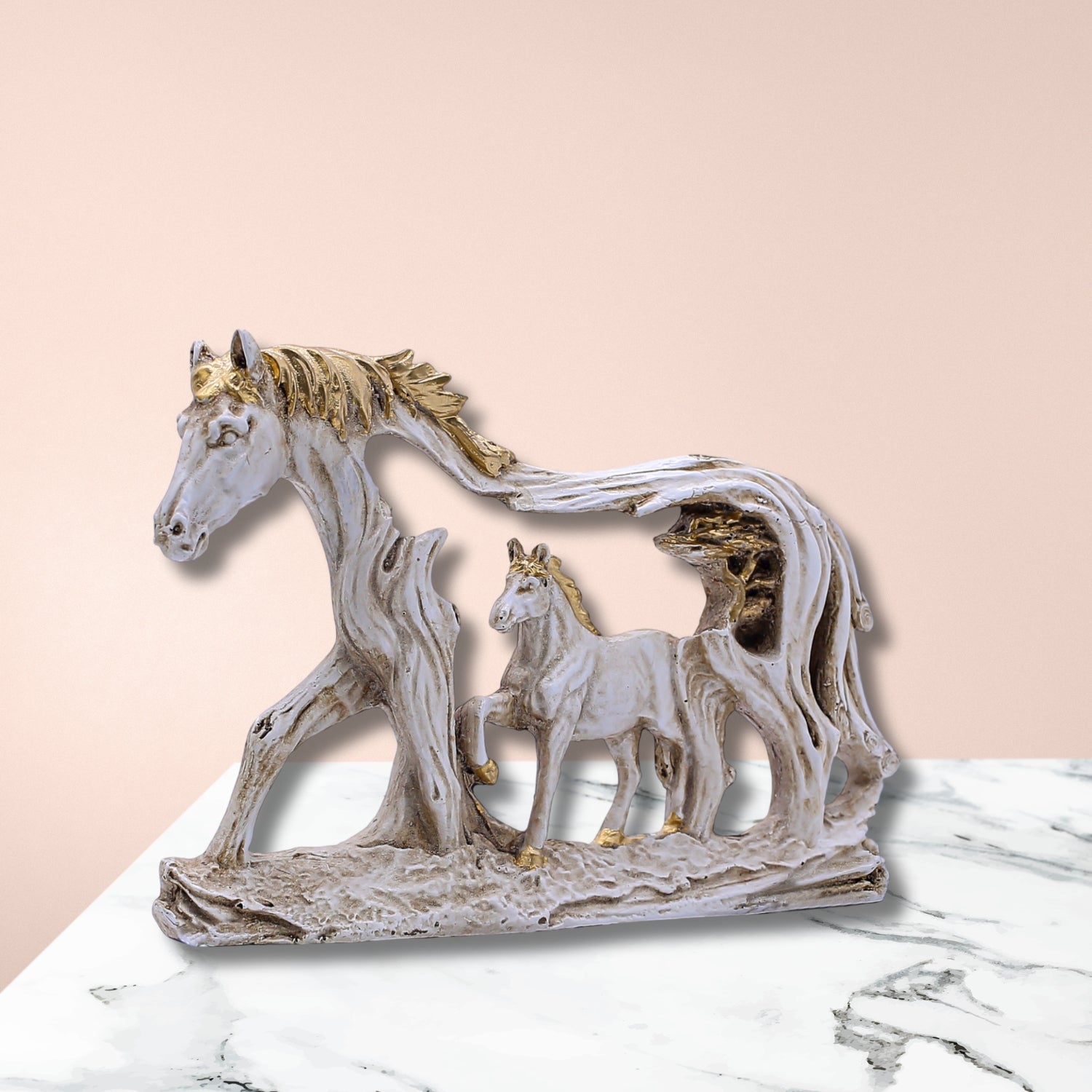 Elegant Horse Family Figurine With Gold Detailing and Artistic Tree Frame