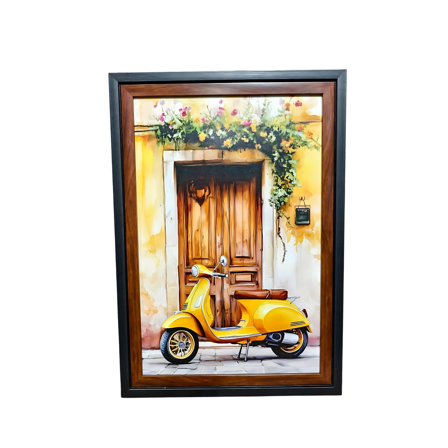 Vintage Yellow Scooter Wall Art - Italian Doorway Scene Painting Decor