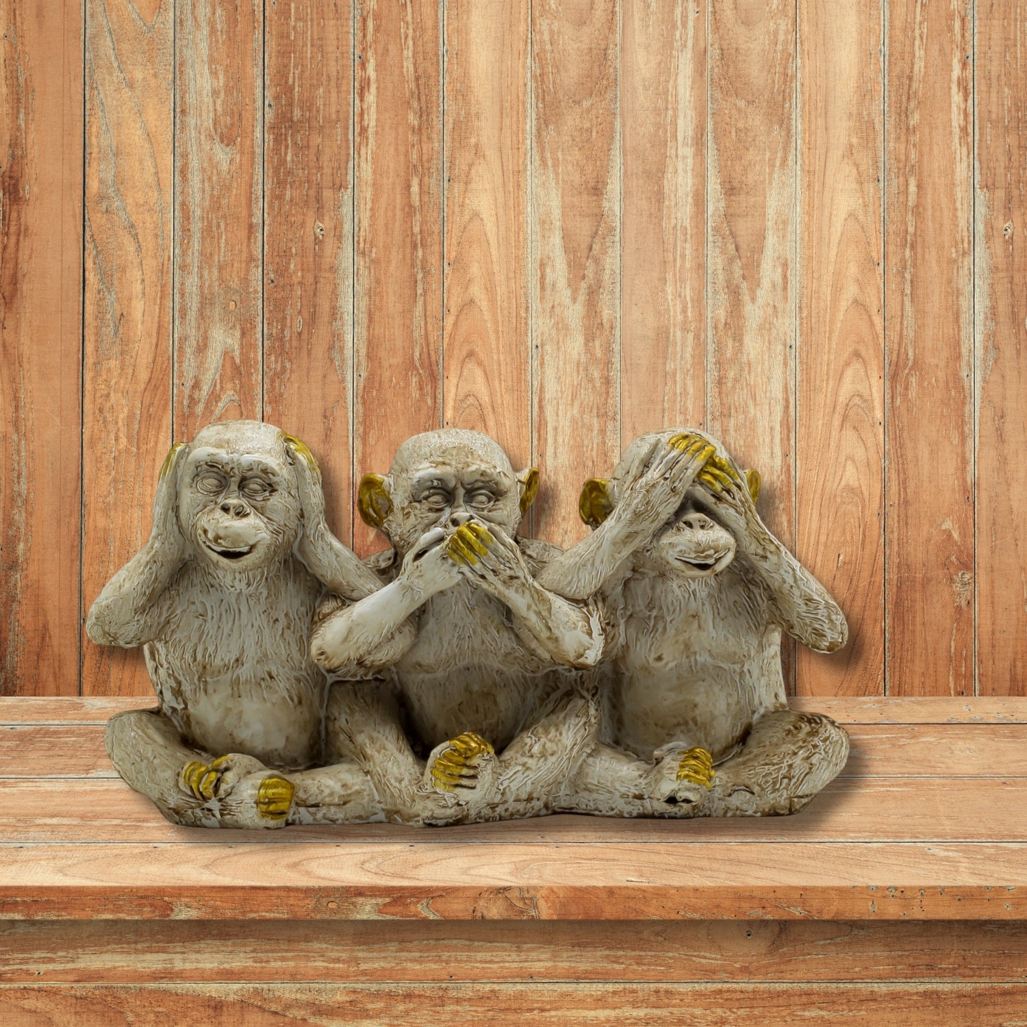 Three Wise Monkeys Sculpture With Gold Accents, Symbolizing Wisdom & Positivity