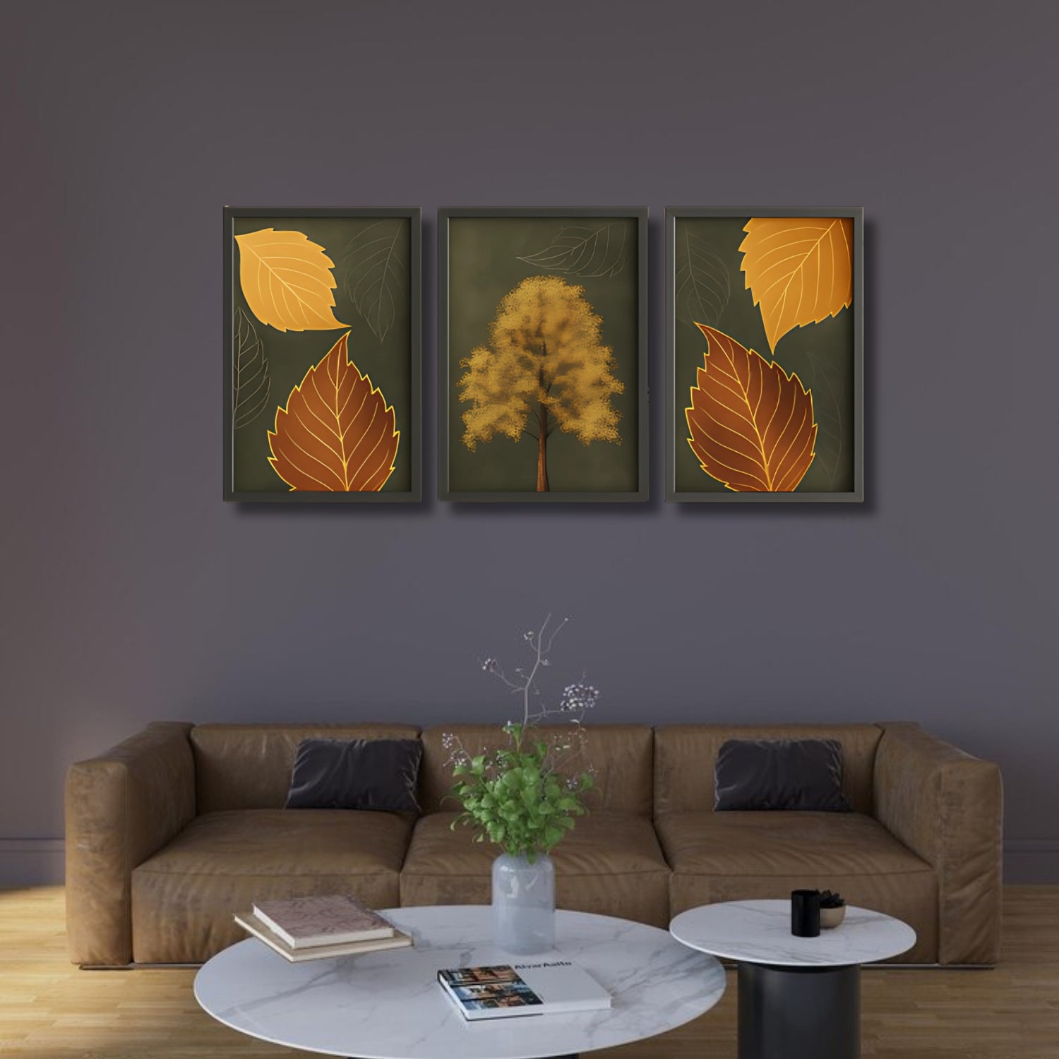 Autumn Golden Leaf Wall Art Set - 3 Framed Botanical Nature Prints