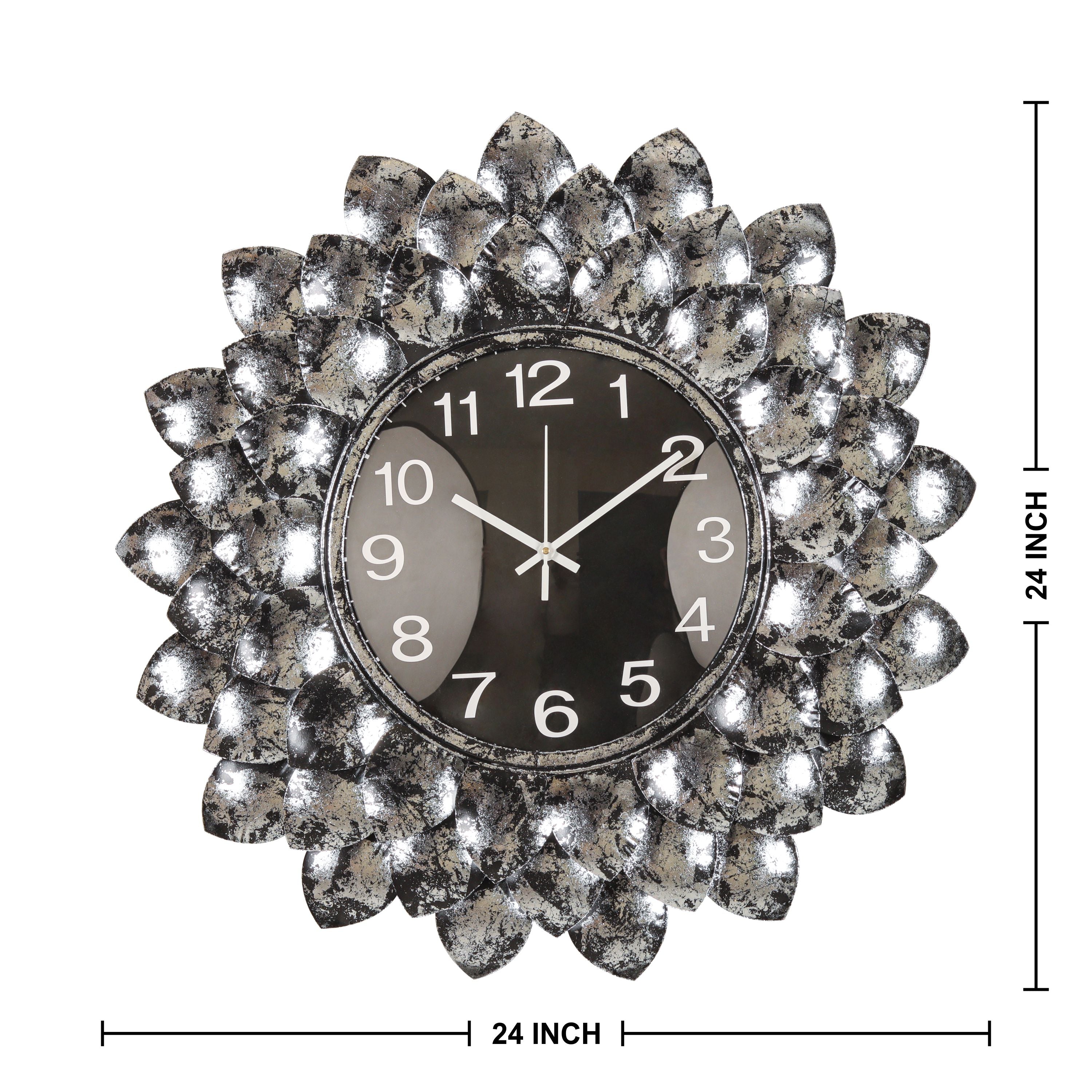 Luxury Black Silver Flower Wall Clock with Metallic Finish