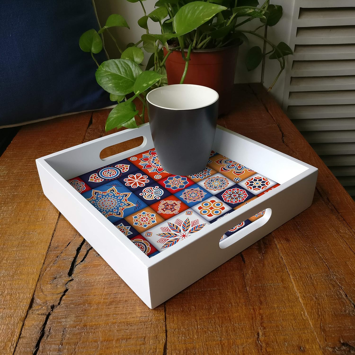 Mosaic White Wooden Serving Tray - Nestern