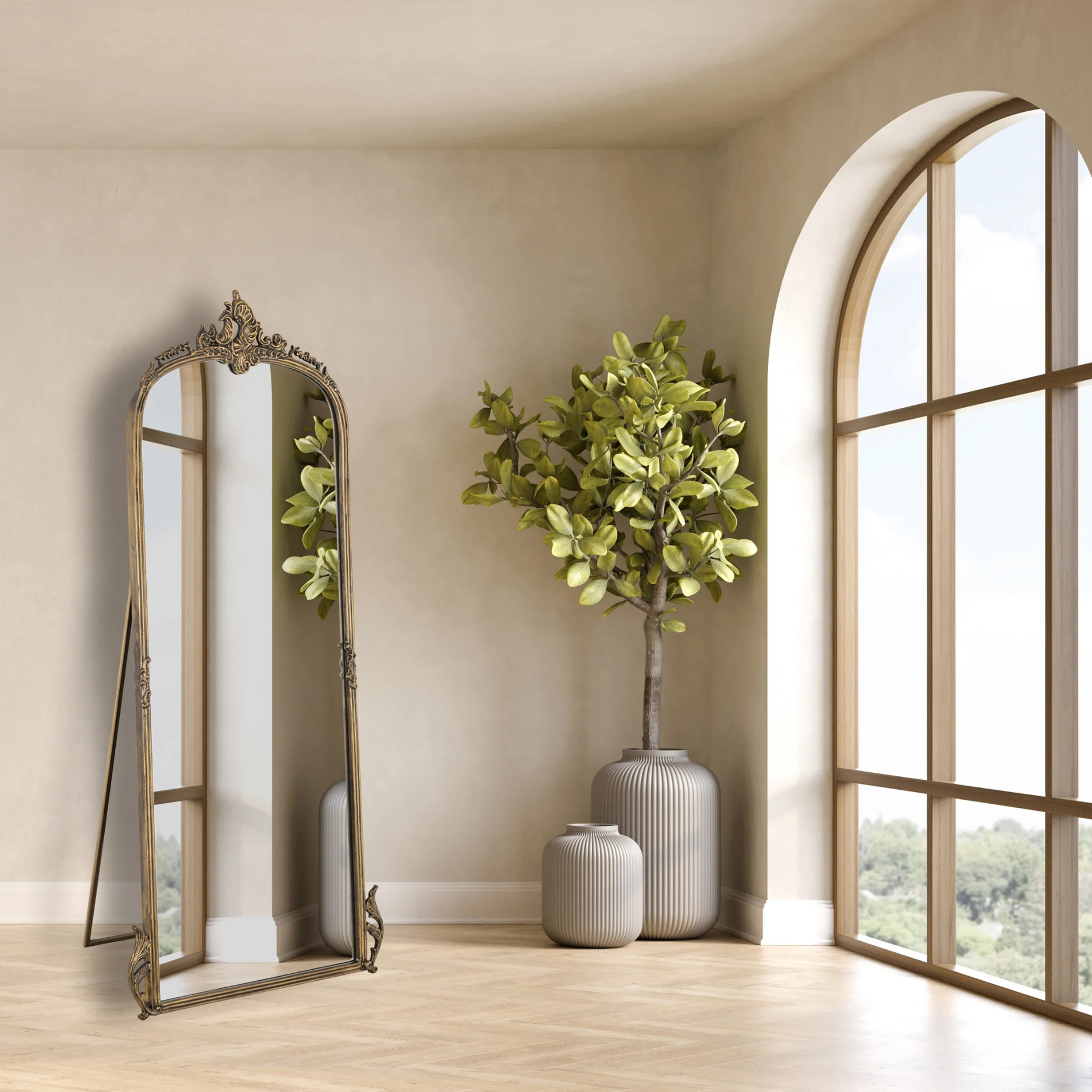 Vintage-Inspired Full-Length Standing Mirror with Ornate Arched Frame for Bedroom & Dressing Area