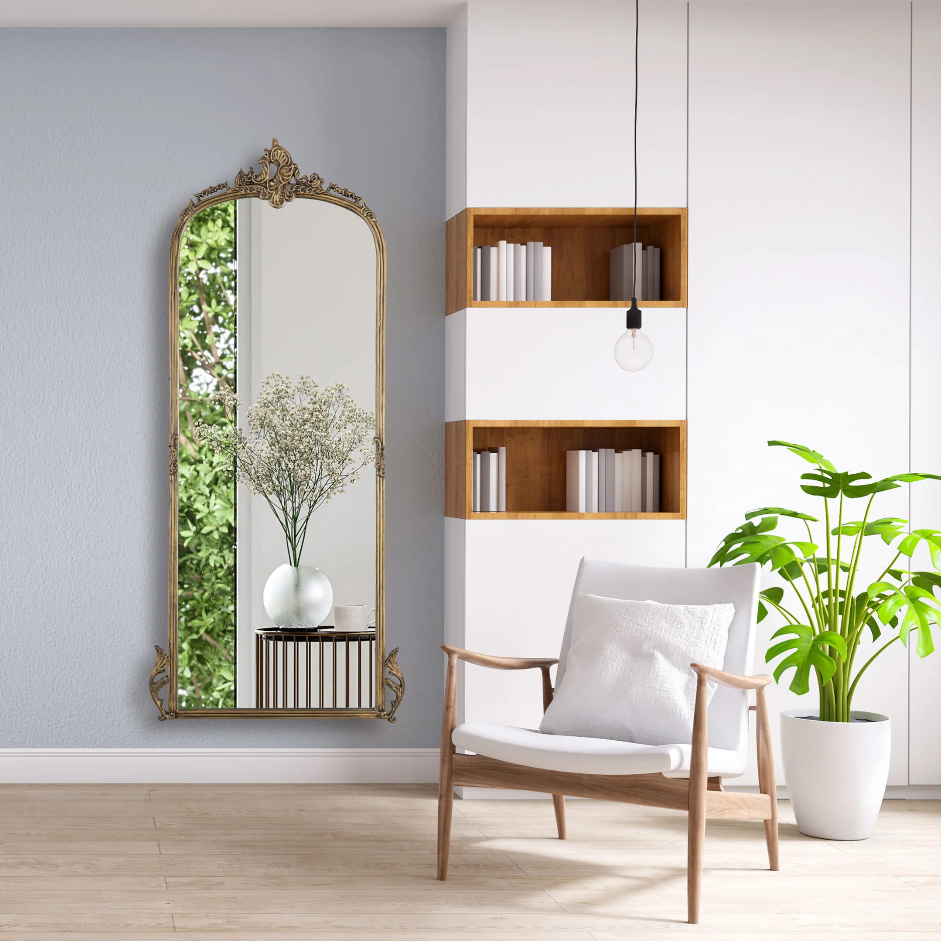 Vintage-Inspired Full-Length Standing Mirror with Ornate Arched Frame for Bedroom & Dressing Area