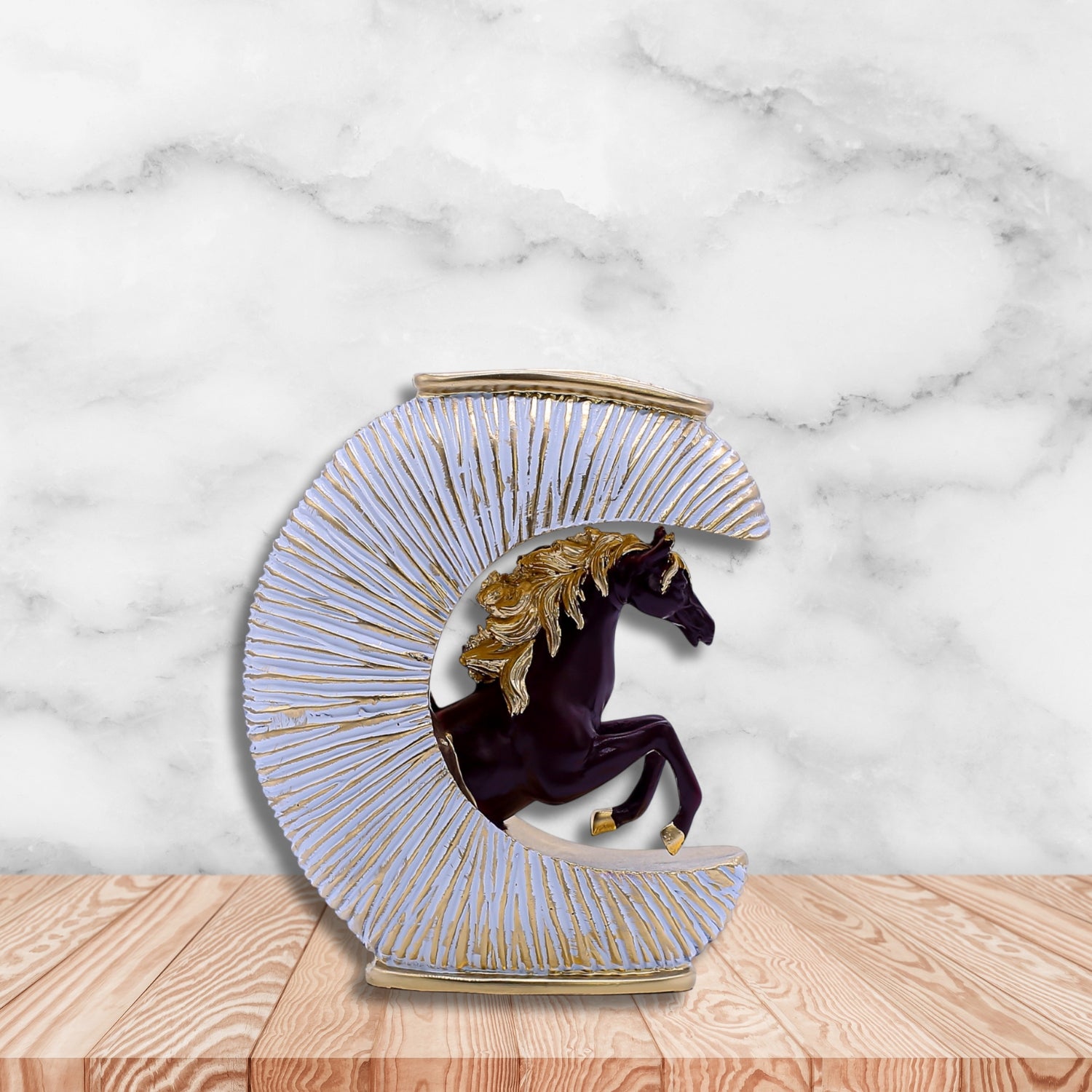 Luxury Decorative Horse Figurine With Gold Accents & Circular Sunburst Frame