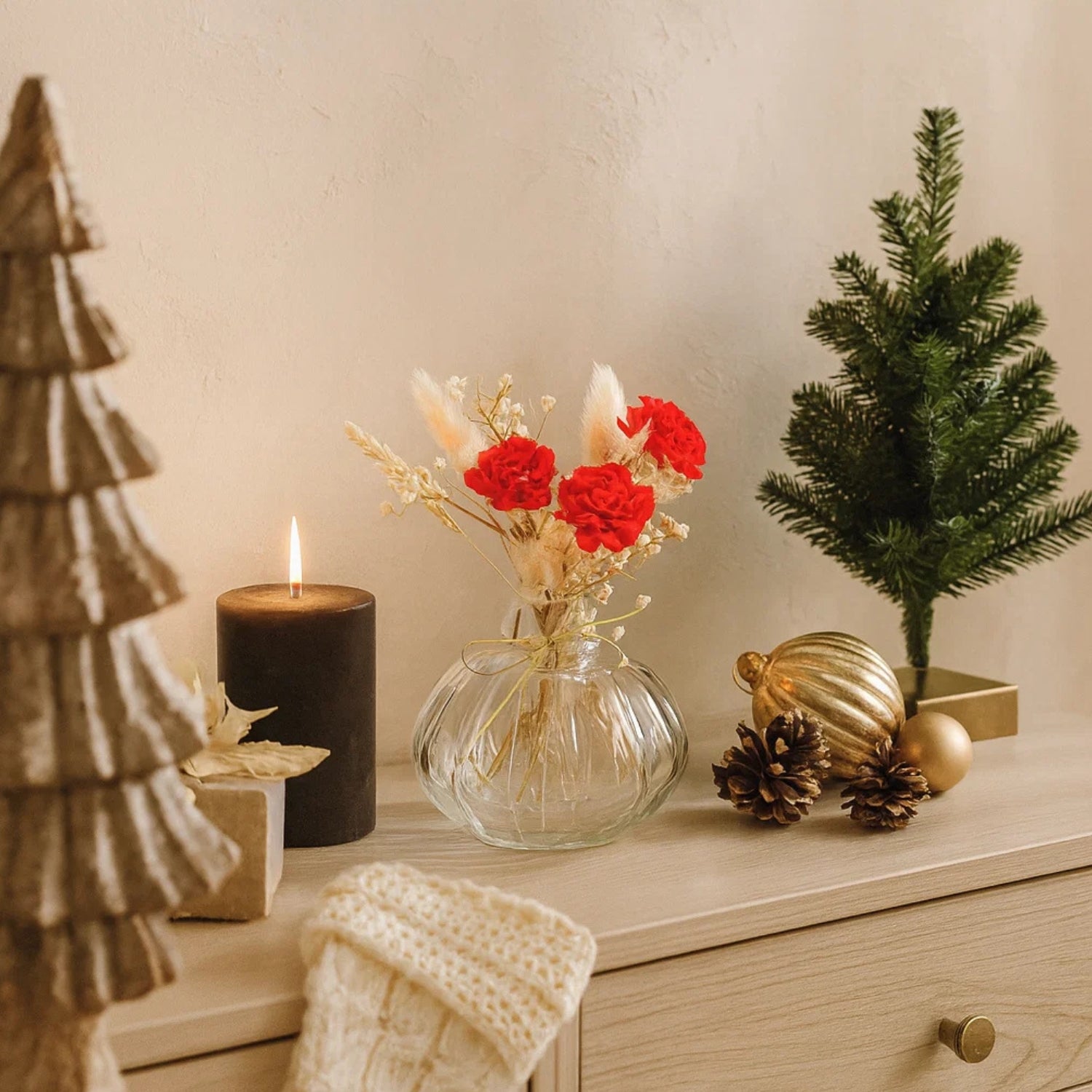 Charming Mini Glass Bottle Vase With Vibrant Red Velvet Bunch