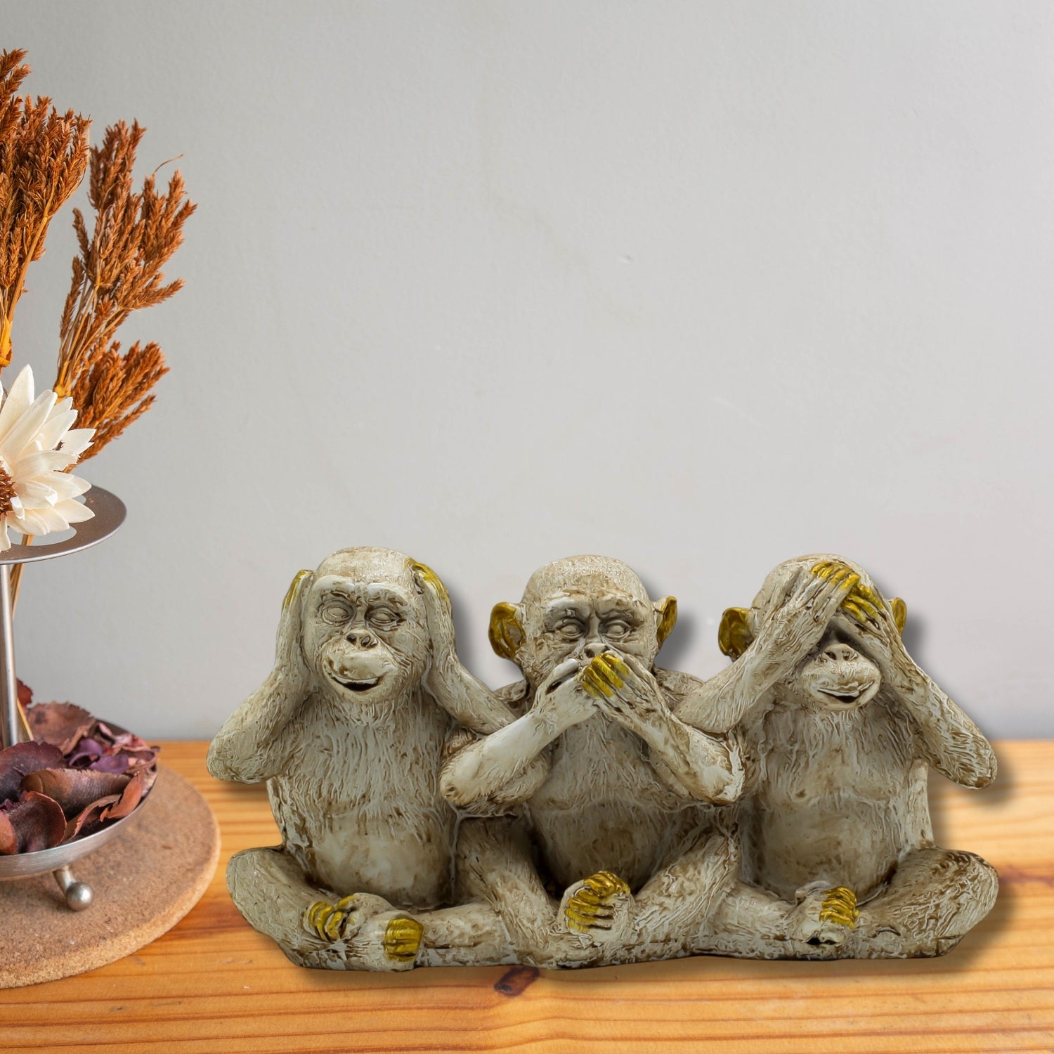 Three Wise Monkeys Sculpture With Gold Accents, Symbolizing Wisdom & Positivity