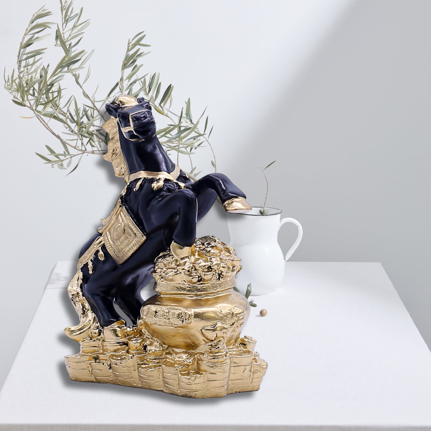 Luxurious Black and Gold Rearing Horse Sculpture on Wealth Pot Decorative Base
