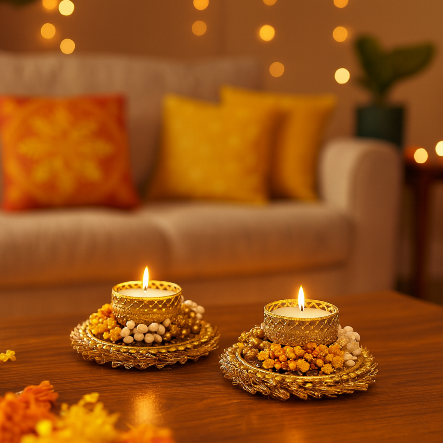 Golden Tealight Candle Holders with Yellow & White Beads – Set of 2 | Elegant Decorative Diyas for Diwali & Home Décor