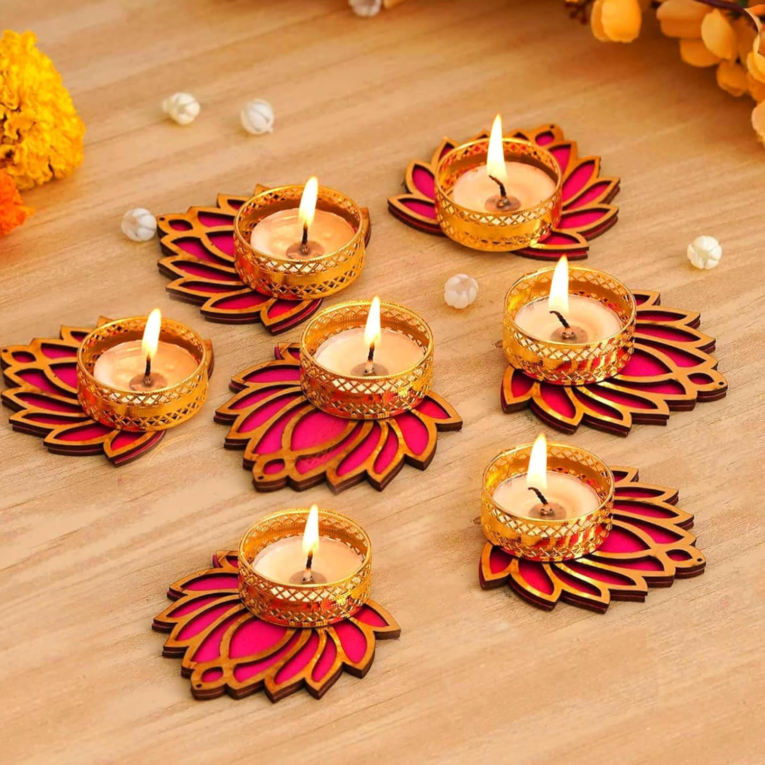 Elegant Lotus Tealight Candle Holders – Set of 7 | Golden & Pink Wooden Decorative Diyas for Diwali & Home Décor