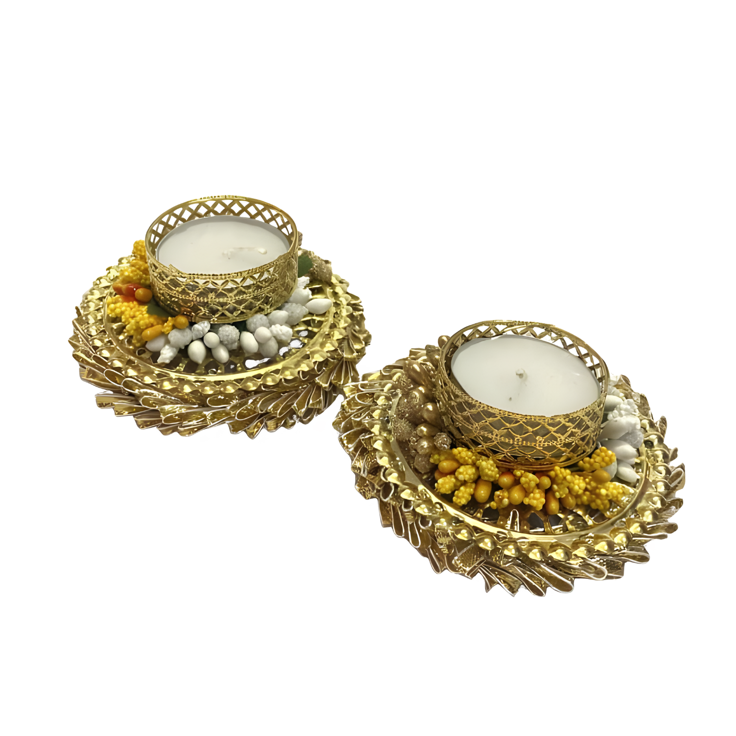 Golden Tealight Candle Holders with Yellow & White Beads – Set of 2 | Elegant Decorative Diyas for Diwali & Home Décor