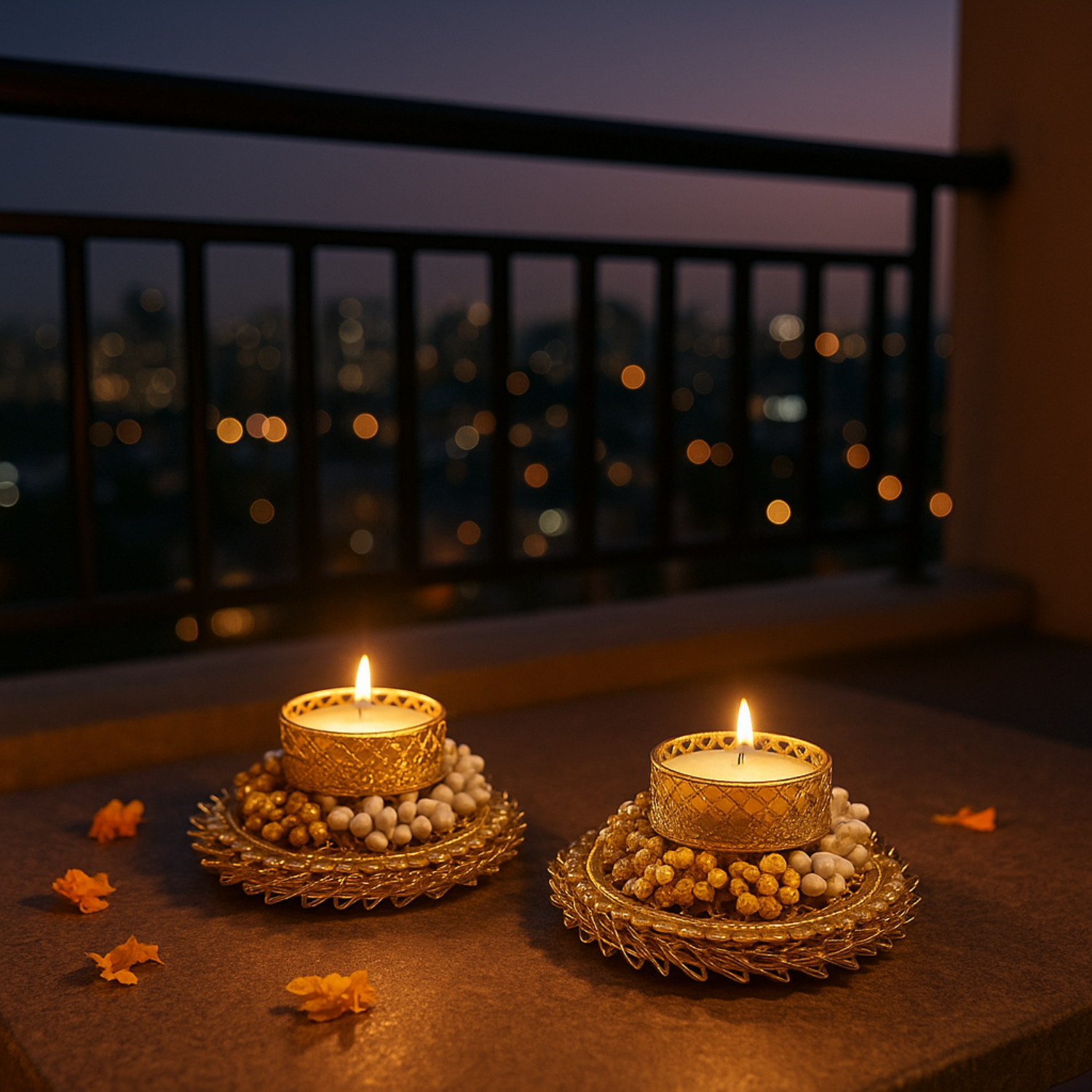 Golden Tealight Candle Holders with Yellow & White Beads – Set of 2 | Elegant Decorative Diyas for Diwali & Home Décor