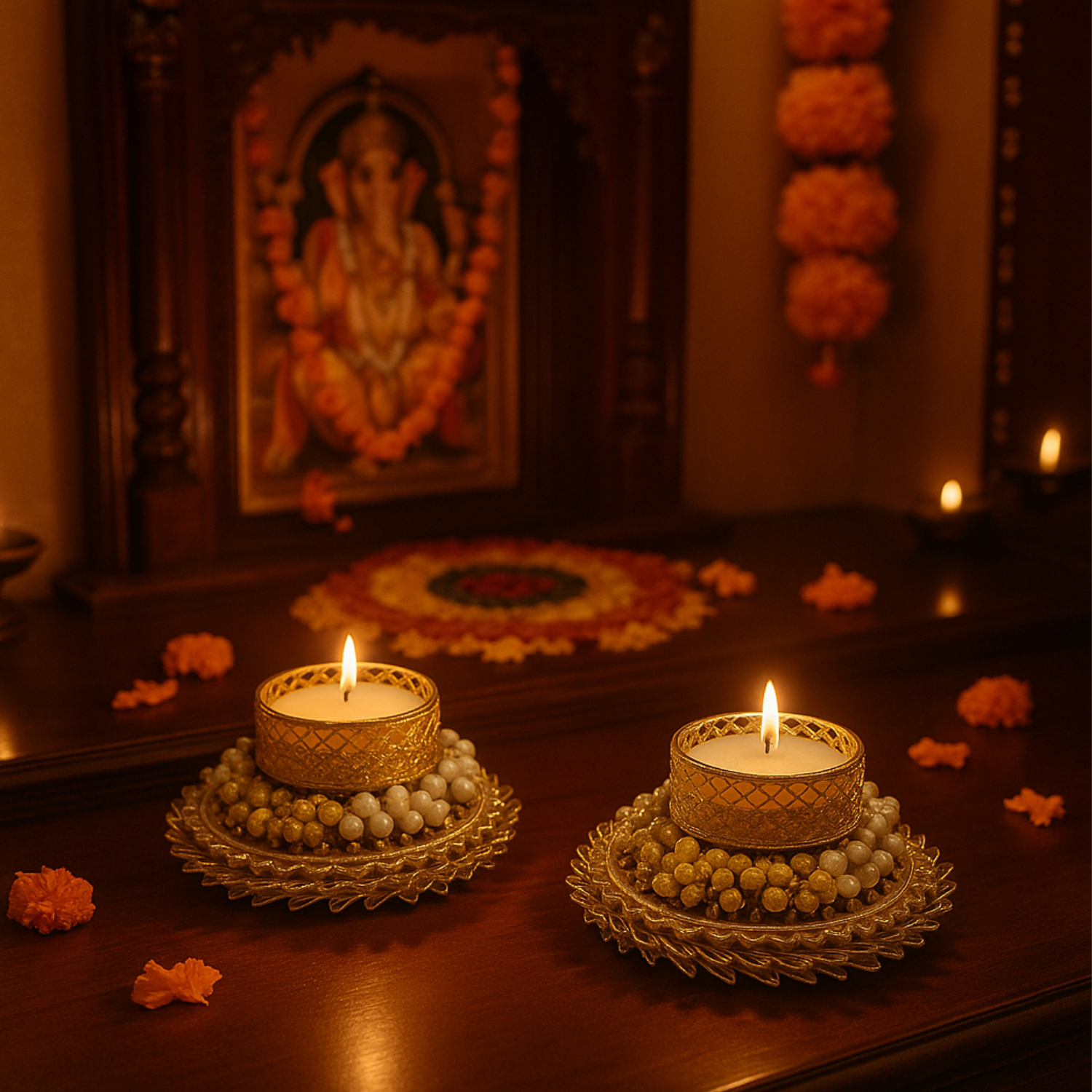 Golden Tealight Candle Holders with Yellow & White Beads – Set of 2 | Elegant Decorative Diyas for Diwali & Home Décor