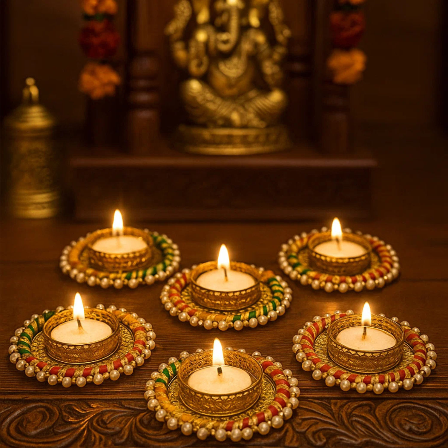 Traditional Multicolor Decorative Tealight Candle Holders with Pearl Beading – Set of 6 | Perfect for Diwali & Festive Decor