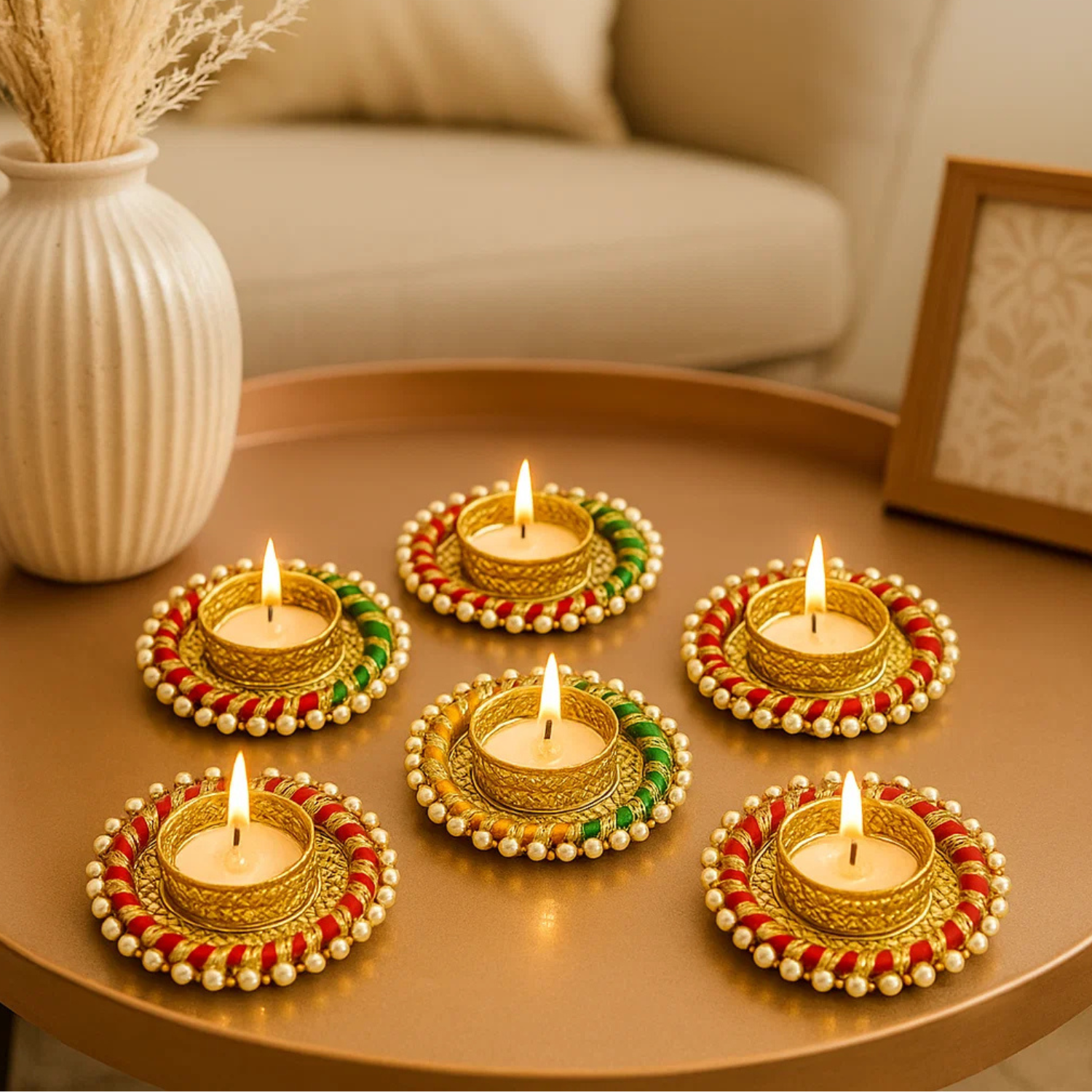 Traditional Multicolor Decorative Tealight Candle Holders with Pearl Beading – Set of 6 | Perfect for Diwali & Festive Decor
