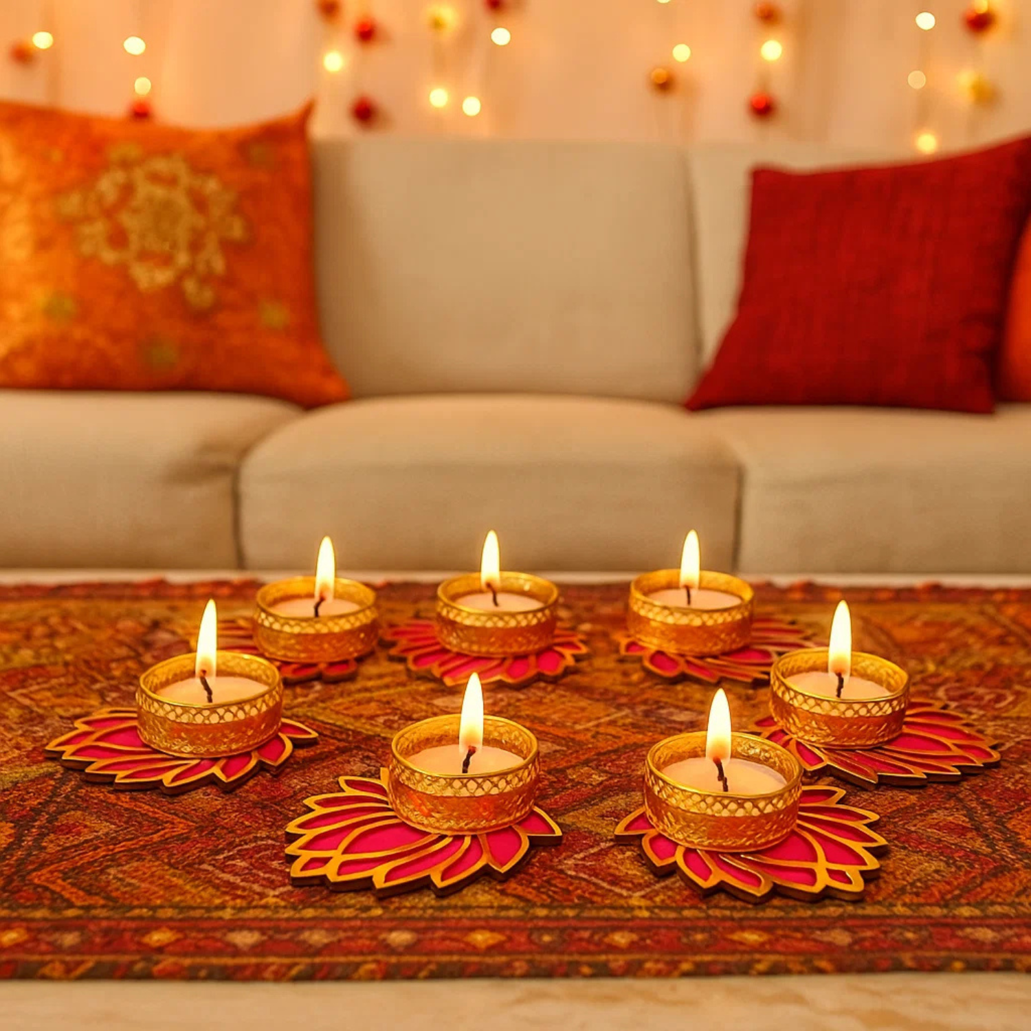 Elegant Lotus Tealight Candle Holders – Set of 7 | Golden & Pink Wooden Decorative Diyas for Diwali & Home Décor