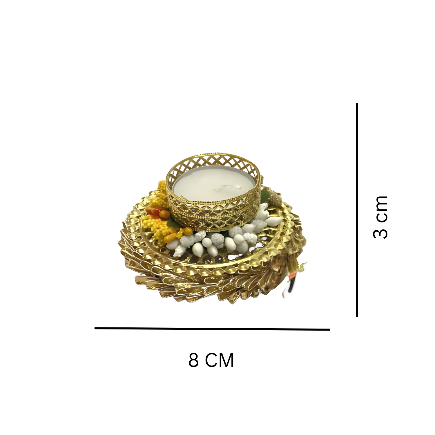 Golden Tealight Candle Holders with Yellow & White Beads – Set of 2 | Elegant Decorative Diyas for Diwali & Home Décor