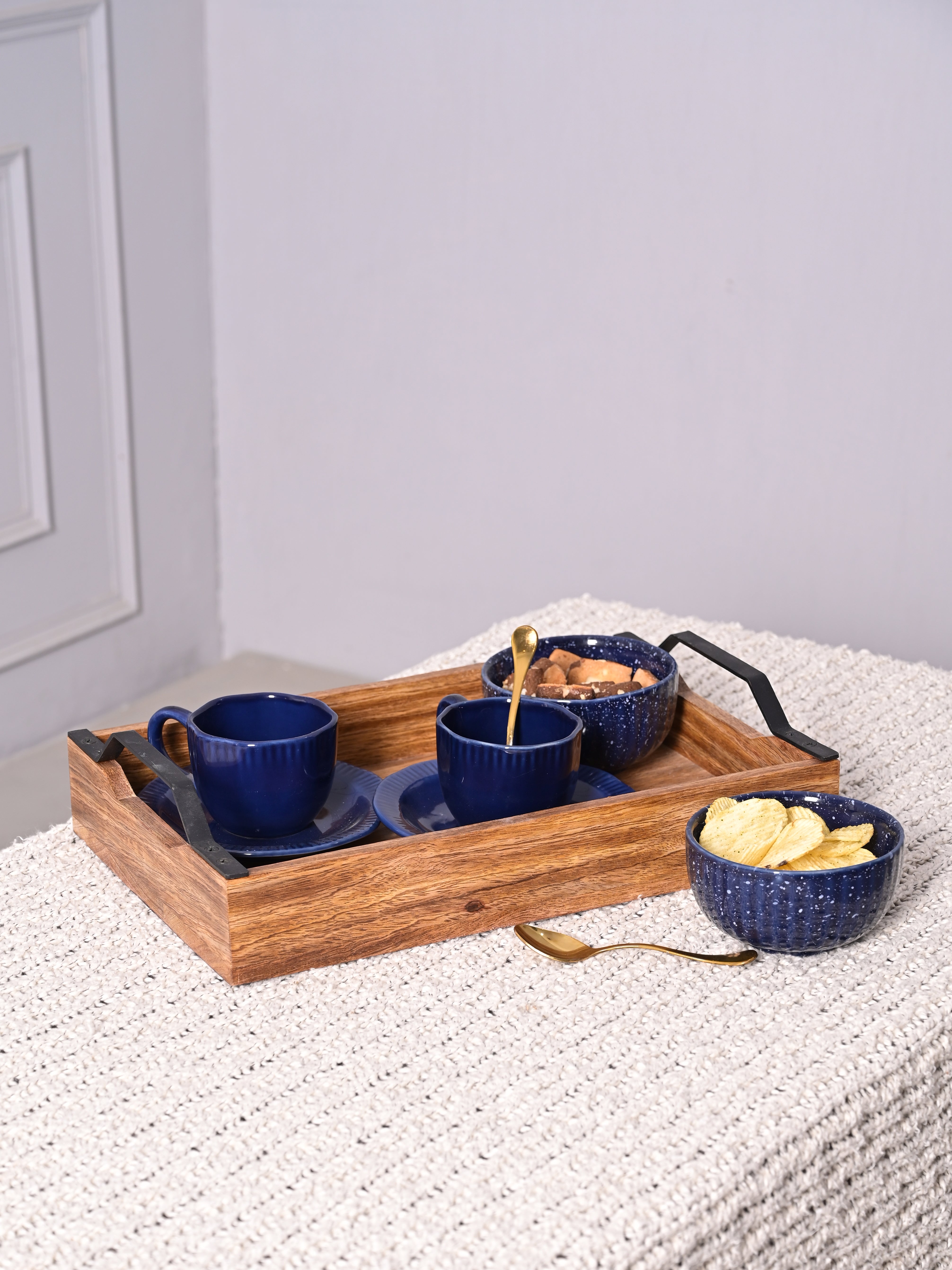 Sheesham Wood Serving Tray with Black Metal Handles - Nestern