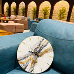 White & Blue Abstract Epoxy Resin Wall Clock, Striking Gold Accents