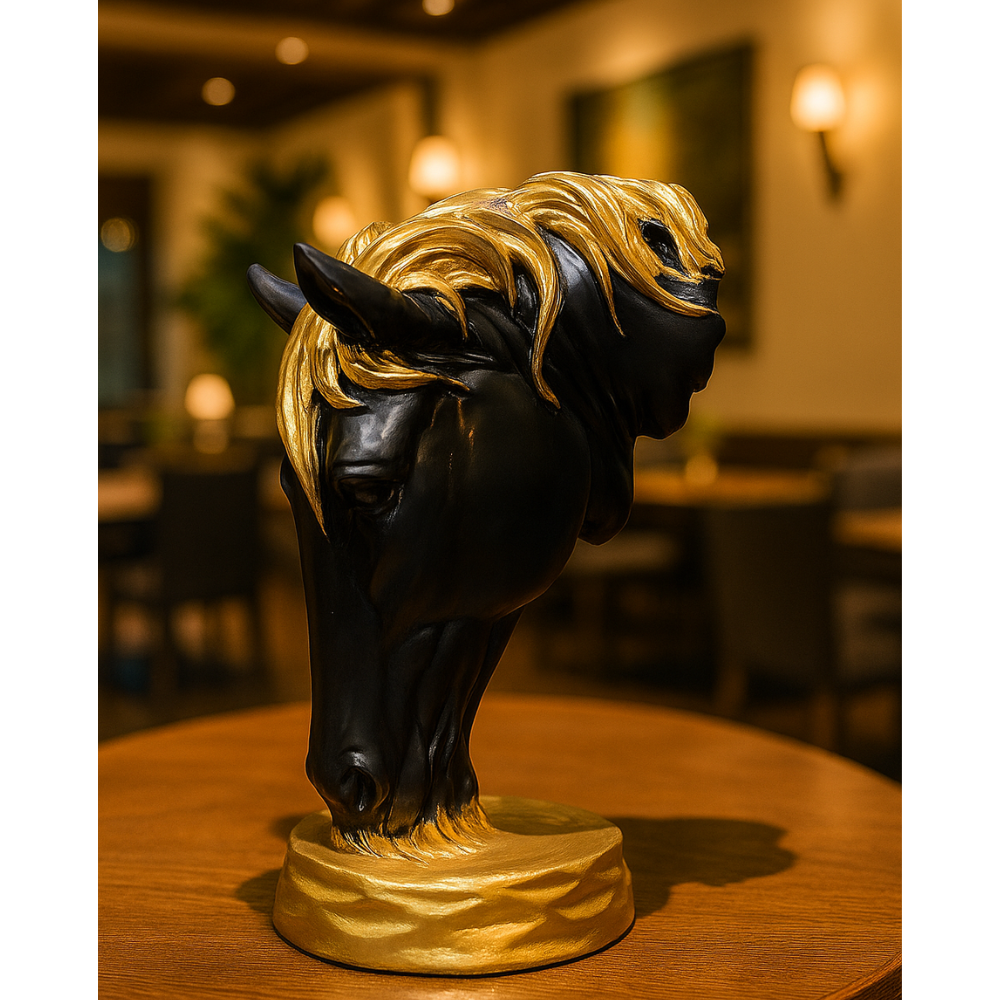 Luxurious Black Horse Statue With Golden Mane For Home Decor