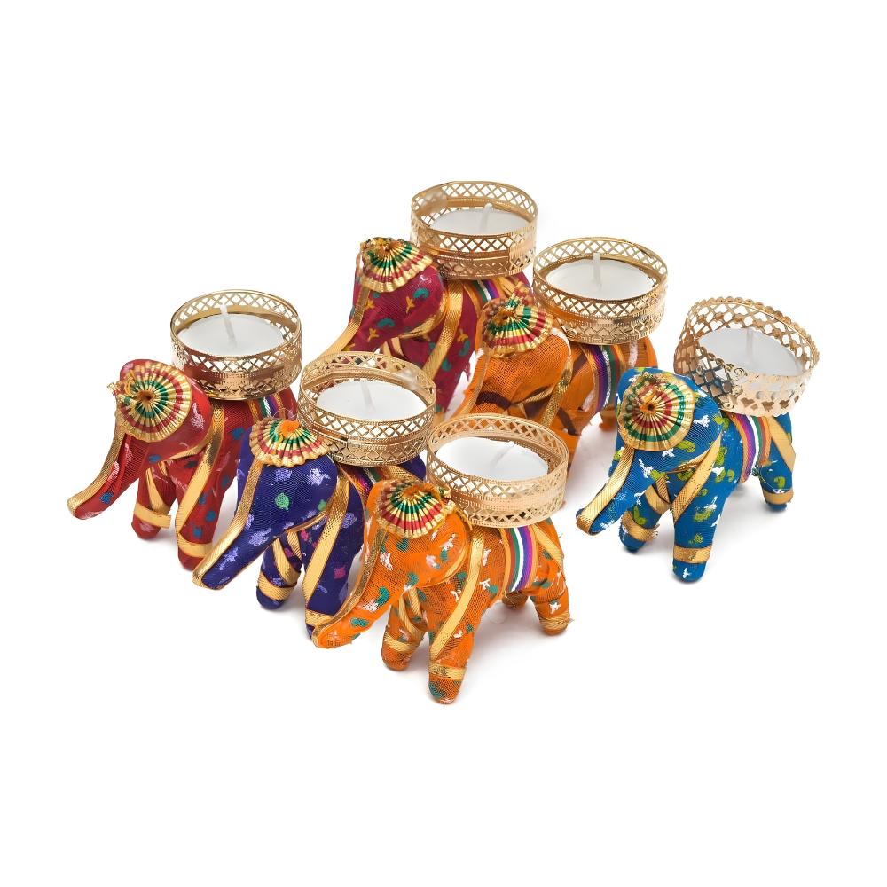 Handcrafted Elephant Tealight Holder — Colorful Home Decor Candle Stand (Set of 6)