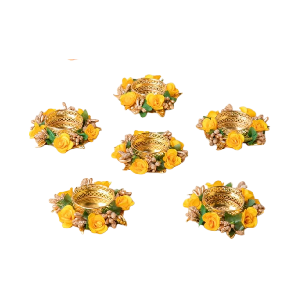 Yellow Rose Tealight Candle Holders — Floral Diya Ring Decor for Diwali [set of 6]