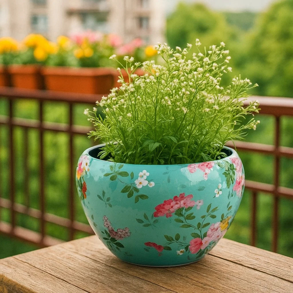 Charming 5" Orchid Pot - Green Print Design with Stand