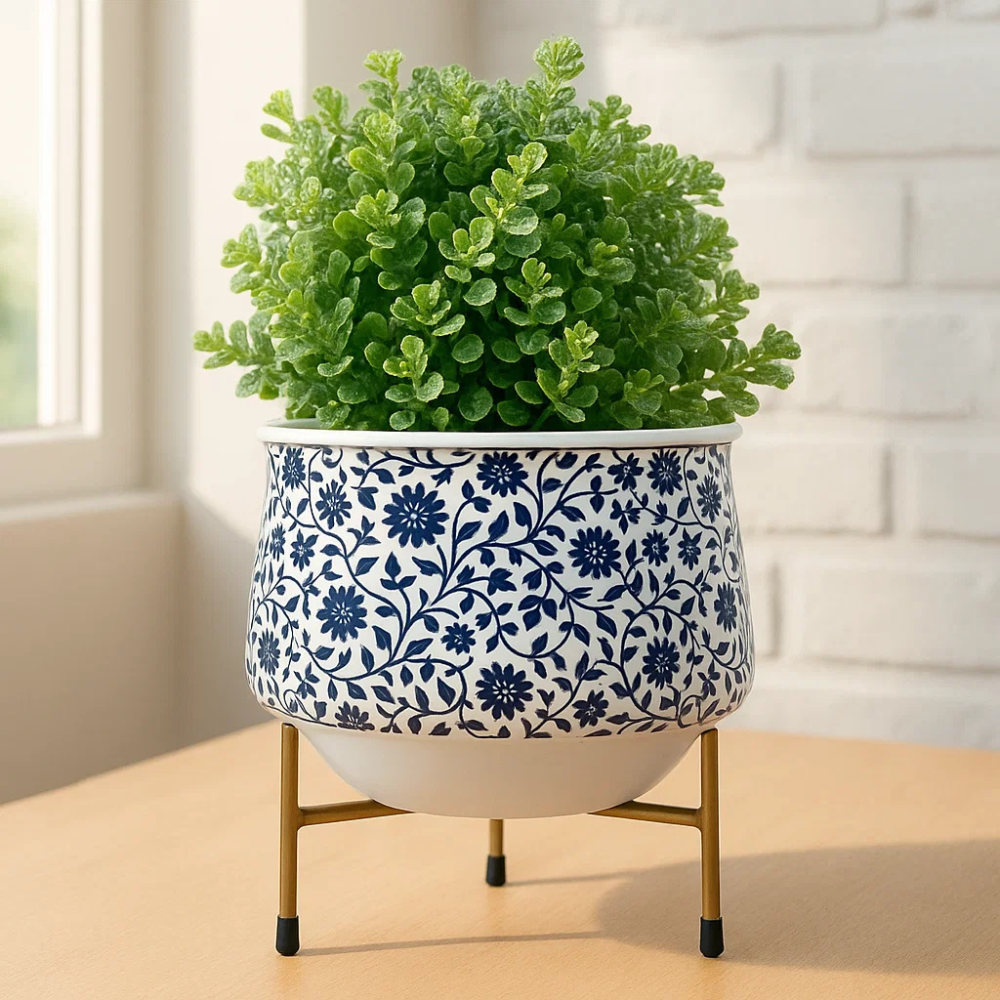 Stylish 5" Orchid Pot - Blue Print Design with Stand