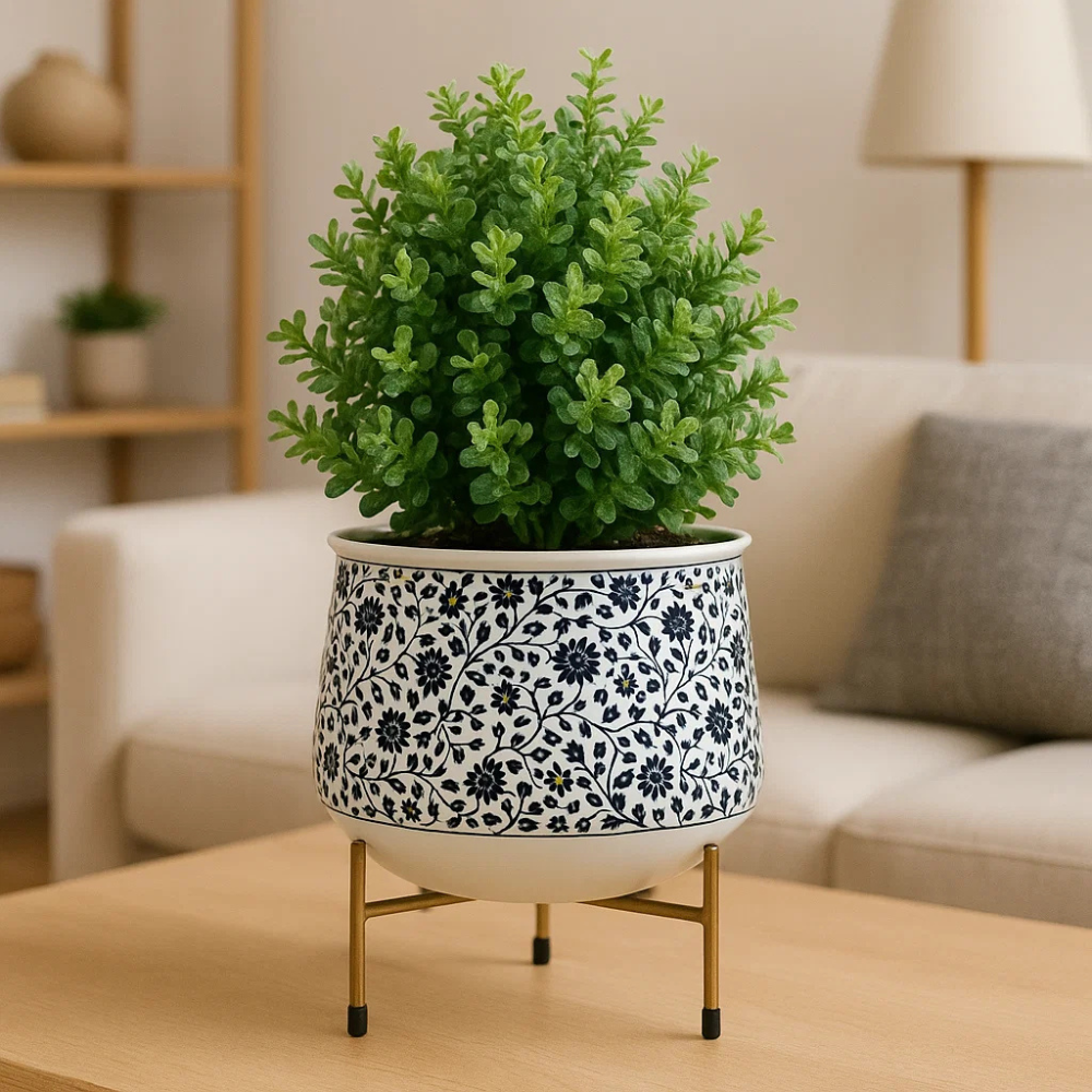 Stylish 5" Orchid Pot - Blue Print Design with Stand