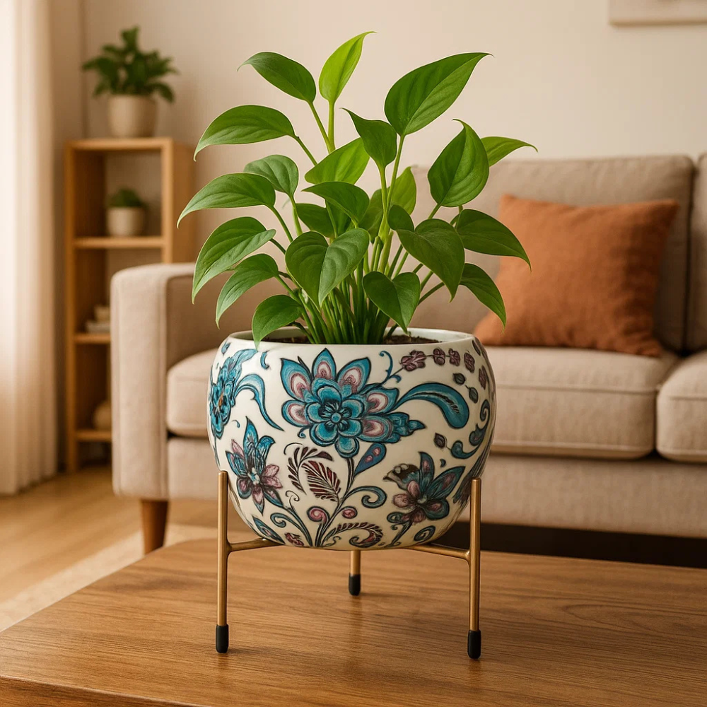 Elegant 5" Orchid Pot - Blue Enamel Design Print with Stand