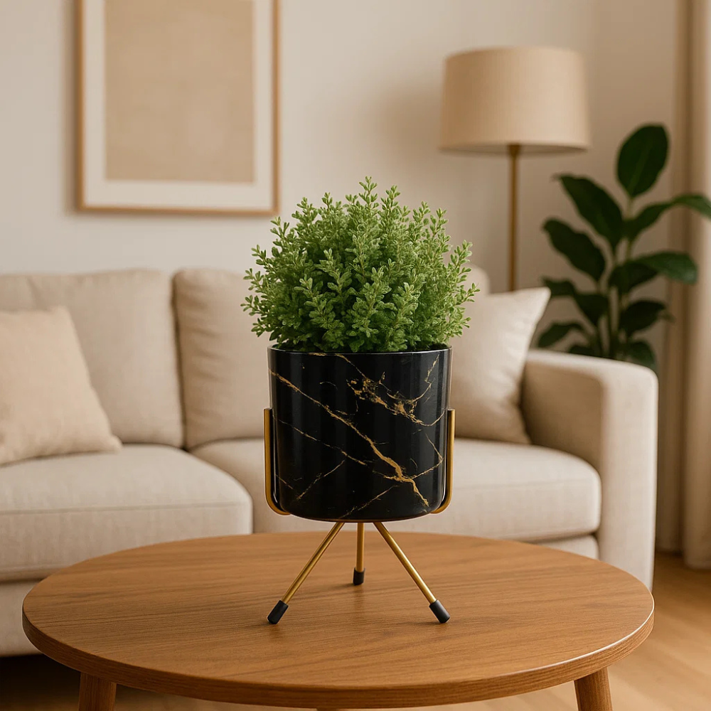 Stylish Round Tabletop Pot - Black Marble Print with Stand