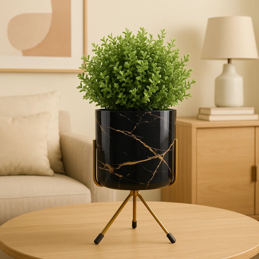 Stylish Round Tabletop Pot - Black Marble Print with Stand
