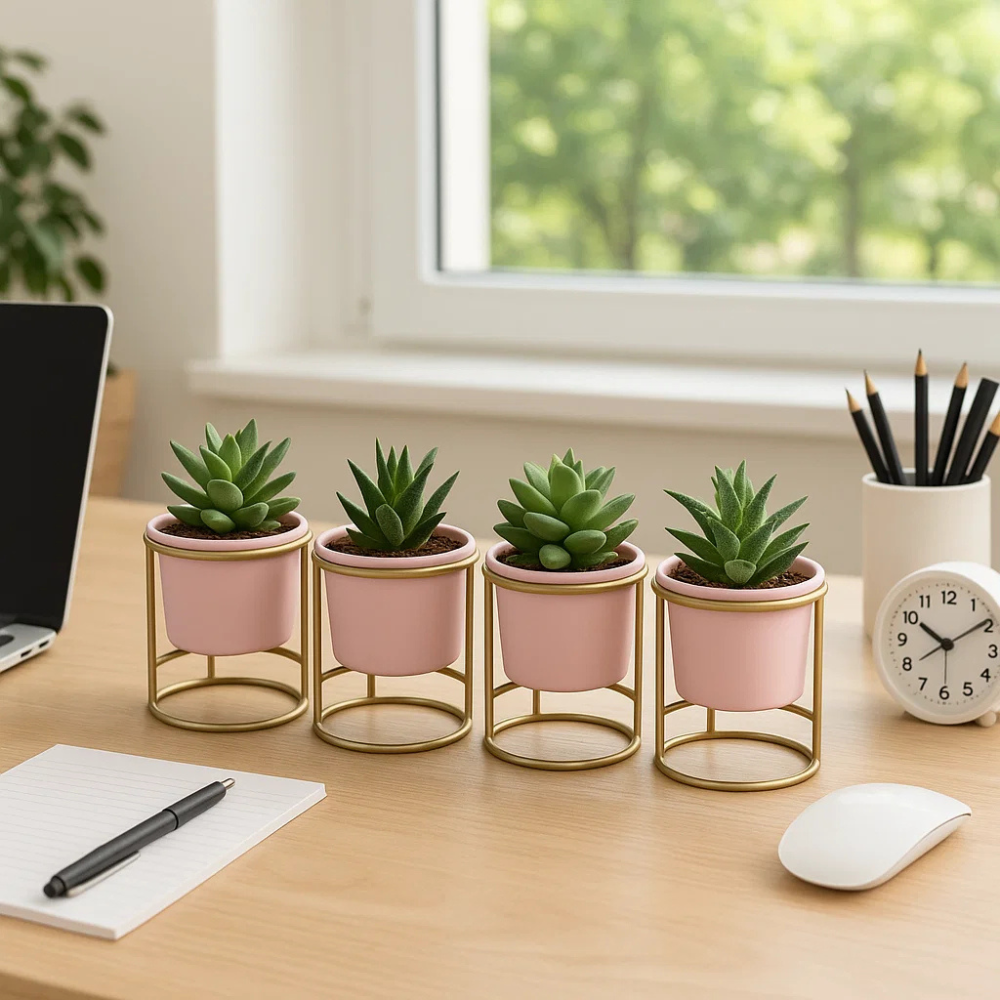 Charming Matte Pink Pot with Stand - Powder Coated, Set of 4