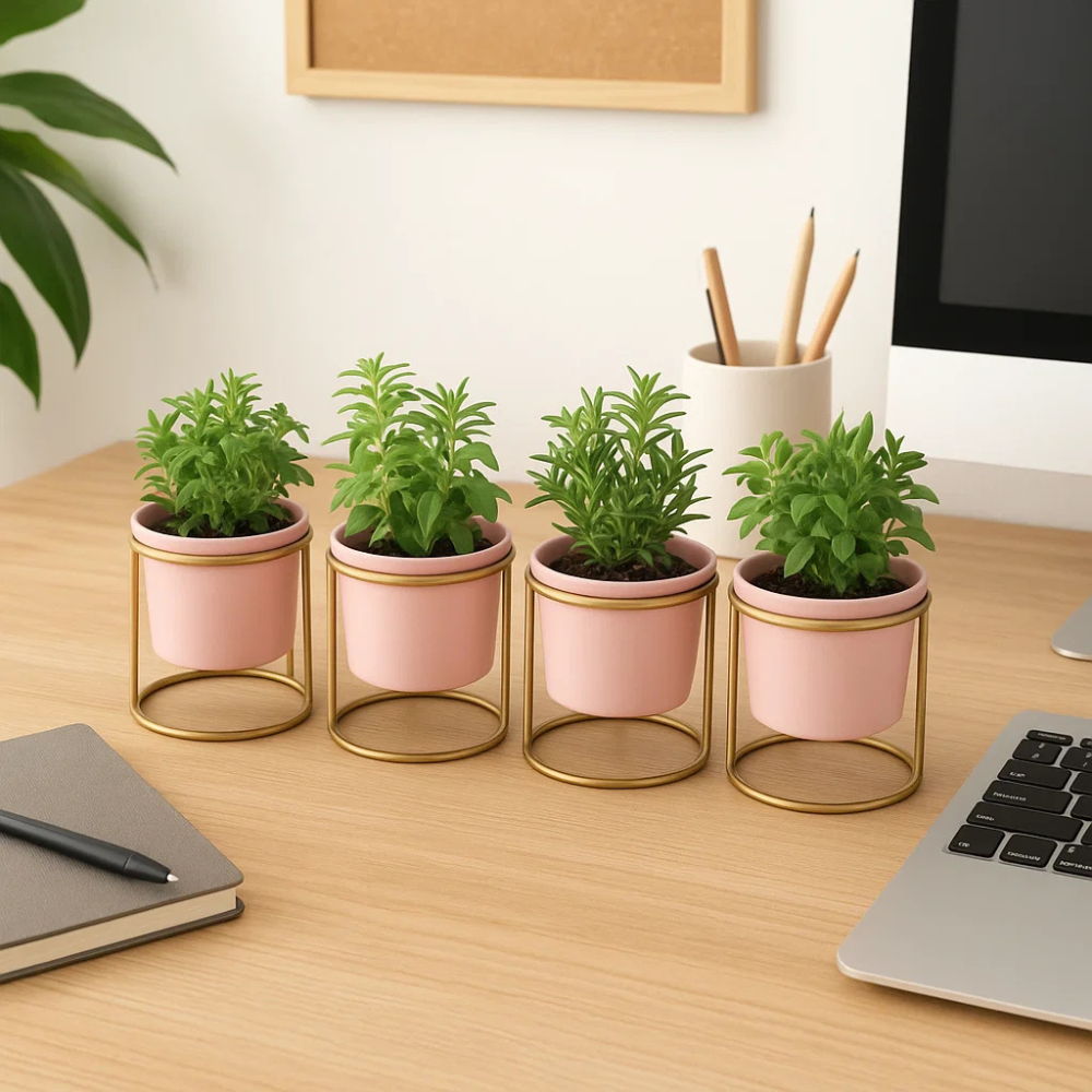 Charming Matte Pink Pot with Stand - Powder Coated, Set of 4