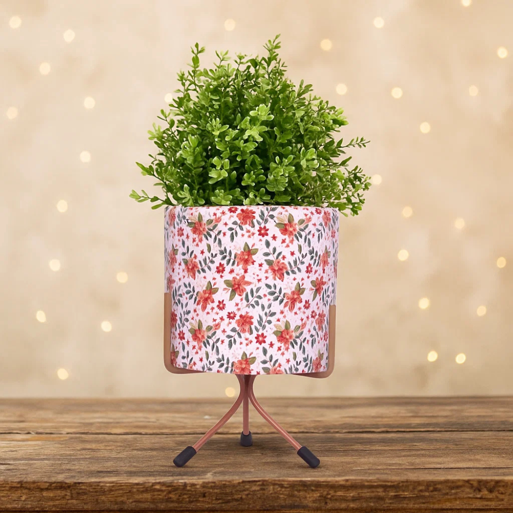 Charming Round Tabletop Pot - Leaf Print Design with Stand