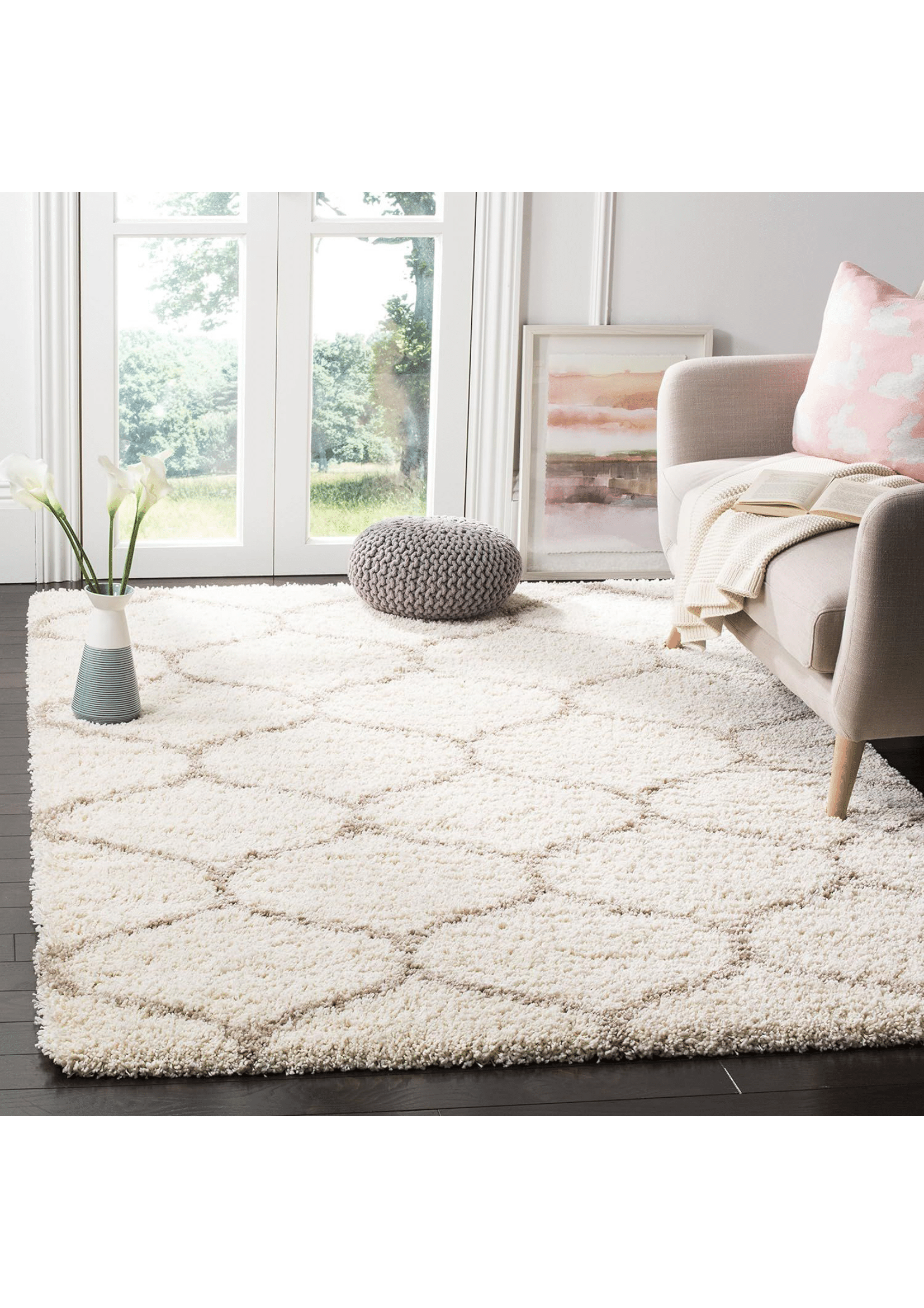Luxe Cream Diamond-Patterned Shag Rug