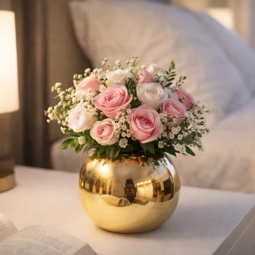 Golden Round Metal Flower Vase for Table Décor | Elegant Decorative Vase