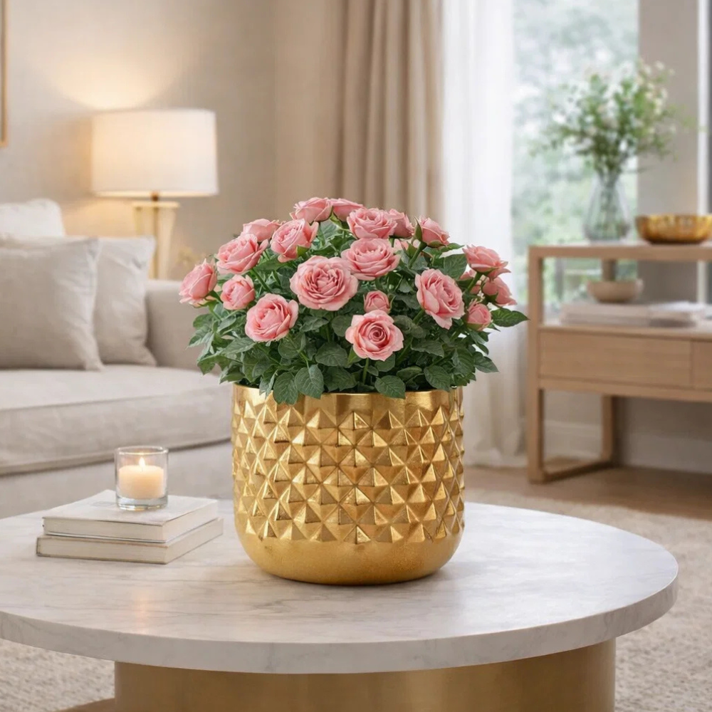 Pineapple Texture Gold Metal Flower Pot – Decorative Indoor Table Vase for Home Décor