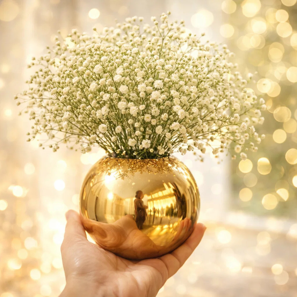 Golden Round Metal Flower Vase for Table Décor | Elegant Decorative Vase