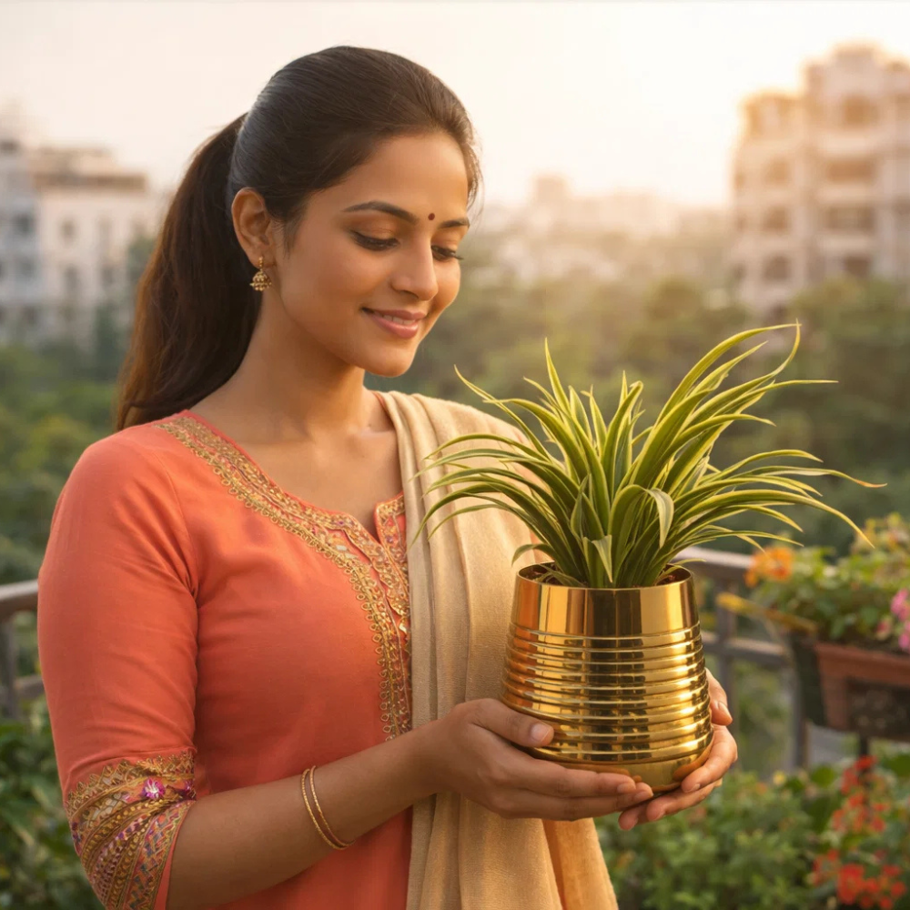 Golden Ribbed Metal Planter Pot – Premium Decorative Indoor Plant Holder for Tabletop & Living Room Décor