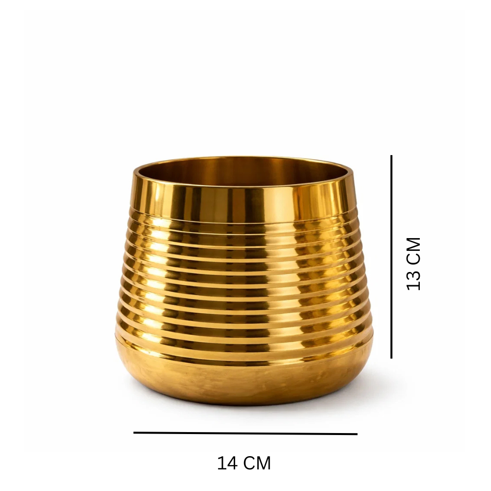 Golden Ribbed Metal Planter Pot – Premium Decorative Indoor Plant Holder for Tabletop & Living Room Décor