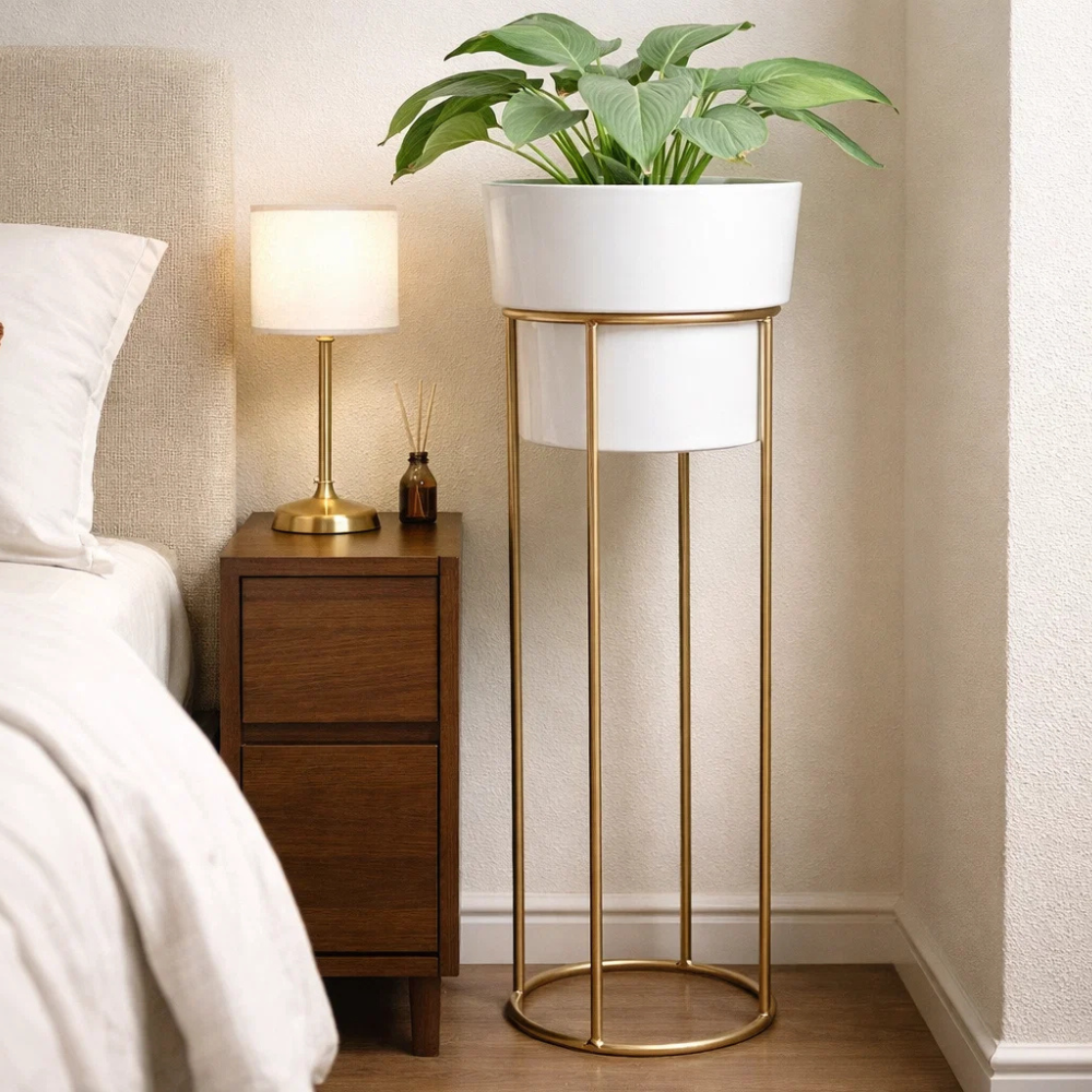 Modern Metal Plant Stand with Pot – Gold Floor Planter Stand for Living Room, Balcony & Indoor Décor