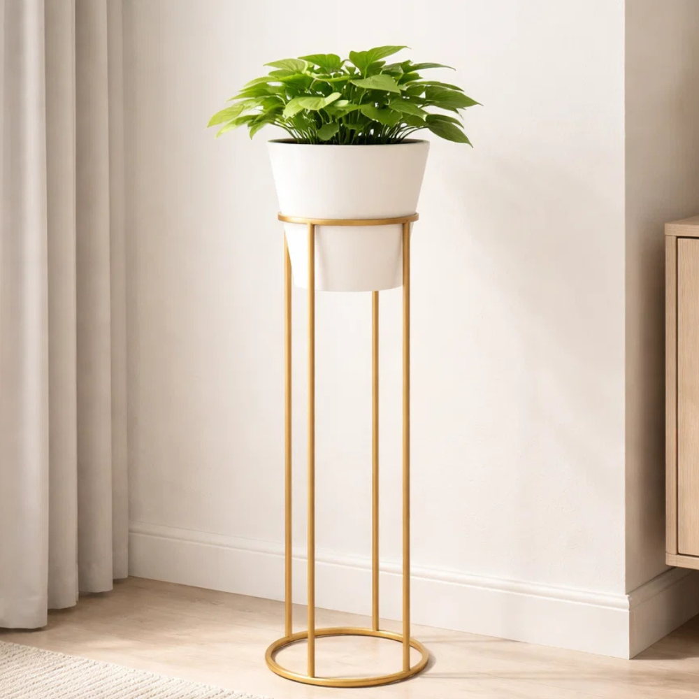 Modern Metal Plant Stand with Pot – Gold Floor Planter Stand for Living Room, Balcony & Indoor Décor