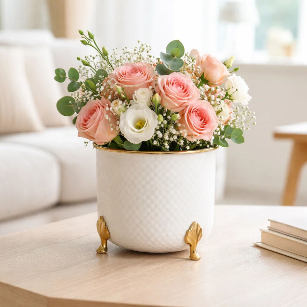 Textured White Ceramic Planter with Gold Legs – Modern Decorative Indoor Plant Pot for Tabletop & Living Room Décor