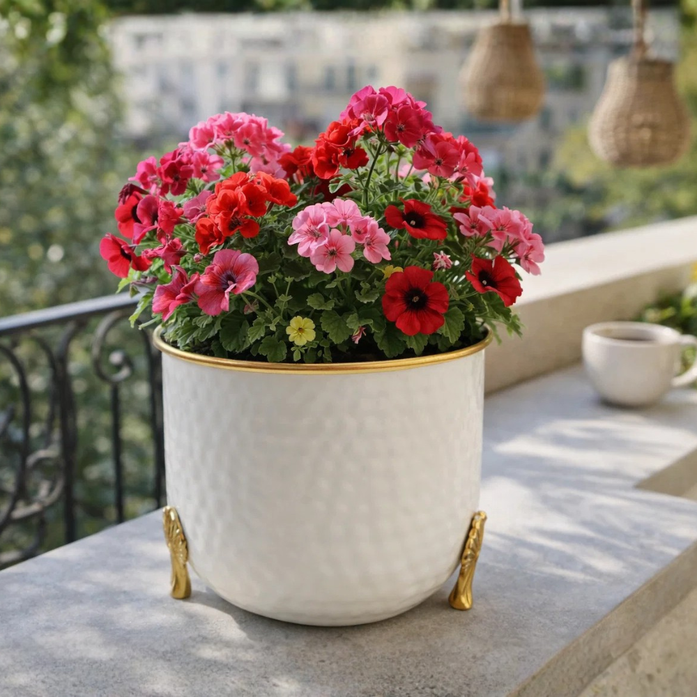 Textured White Ceramic Planter with Gold Legs – Modern Decorative Indoor Plant Pot for Tabletop & Living Room Décor