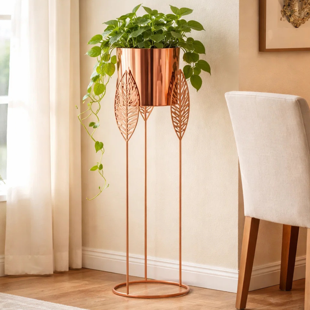 Copper Finish Metal Floor Planter Stand with Leaf Design – Decorative Tall Indoor Plant Stand for Living Room & Corner Décor