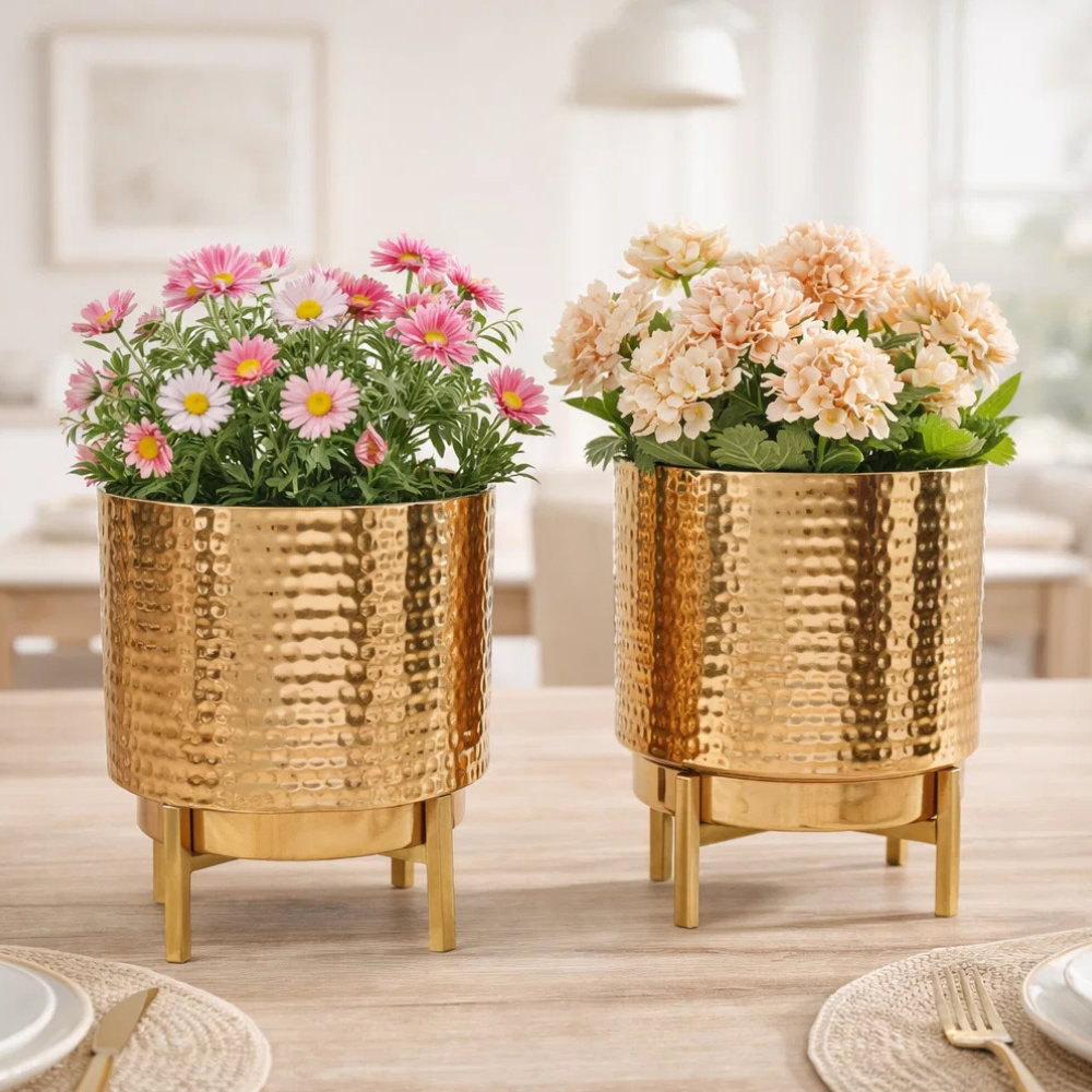 Hammered Gold Metal Planter with Stand (Set of 2)– Modern Decorative Indoor Plant Pot for Tabletop & Living Room Décor